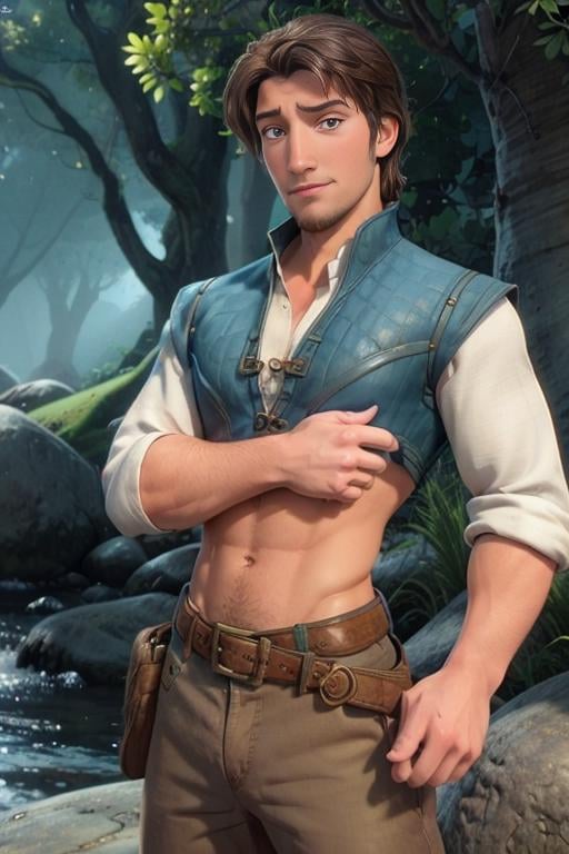 flynn_rider, muscular,  brown hair, goatee, shirt, sleeves rolled up, blue chest, hairy chest, landscape,  belt, pants, <lora:flynn_rider:0.7>