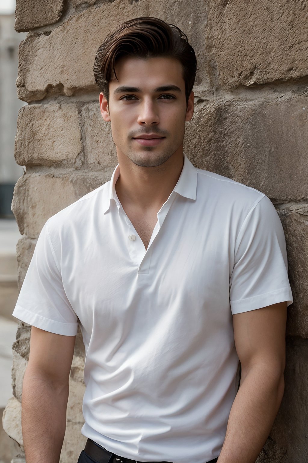 Masterpiece: 8K Portrait of a Handsome Latin Gentleman. A stunning, well-groomed individual wearing a crisp white shirt, his smooth-shaved face radiating confidence. Leaning against a worn stone wall, he exudes relaxation, gazing directly at the viewer with a subtle, enigmatic smile. The faint crinkles around his eyes hint at a life of warmth and joy. The camera's focus is sharp, highlighting the natural texture of his skin, complete with visible pores, while the fabric of his shirt renders with exquisite detail. The overall atmosphere is one of laid-back sophistication, captured in stunning UHD:1.2 resolution with film grain and ray tracing, inviting the viewer to step into the scene.