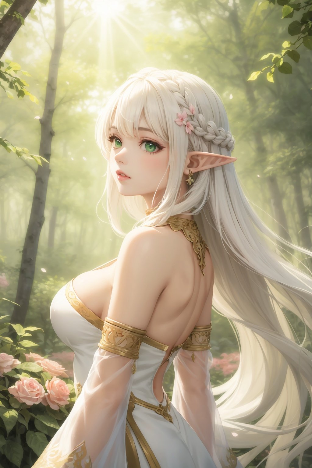 (masterpiece, best quality, high quality, highres, ultra-detailed), realistic,1 sweet girl, the greater lord rukkhadevata, (side braid:1.1), long hair,((white hair)), leaf hair ornament, (pointy ears), elf, green eyes, pale skin, bare shoulders, (medium breasts), (cleavage:1.1), jewelry, white long dress, (detached sleeves:1.1), bracelet, (looking away:1.2), (hair floating:1.3), from side,,(in forest:1.3), (pink flowers:1.1), (falling petals:1.1), (lens flare from right:1.2), (god rays from right:1.2),