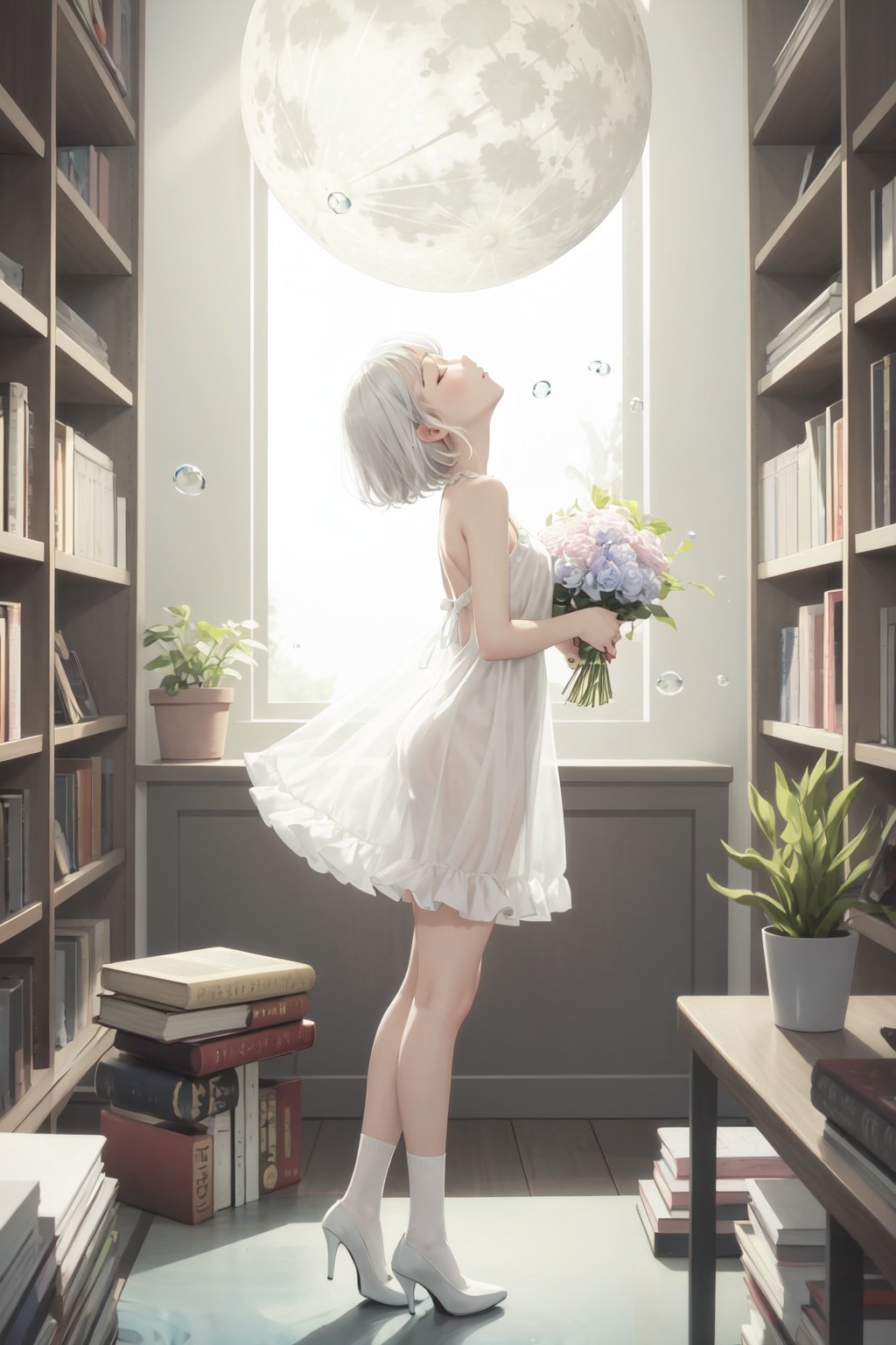 dress, 1girl, book, white dress, bubble, holding, bookshelf, looking up, white hair, moon, sleeveless dress, sleeveless, solo, standing, high heels, socks, air bubble, indoors, book stack, short hair, bangs, wand, underwater, frilled dress, shelf, frills, shoes, white footwear, from side, plant, white socks, full moon, bare shoulders, bare arms, fish, closed eyes, full body, flower, holding book,white background,full body,,white,
