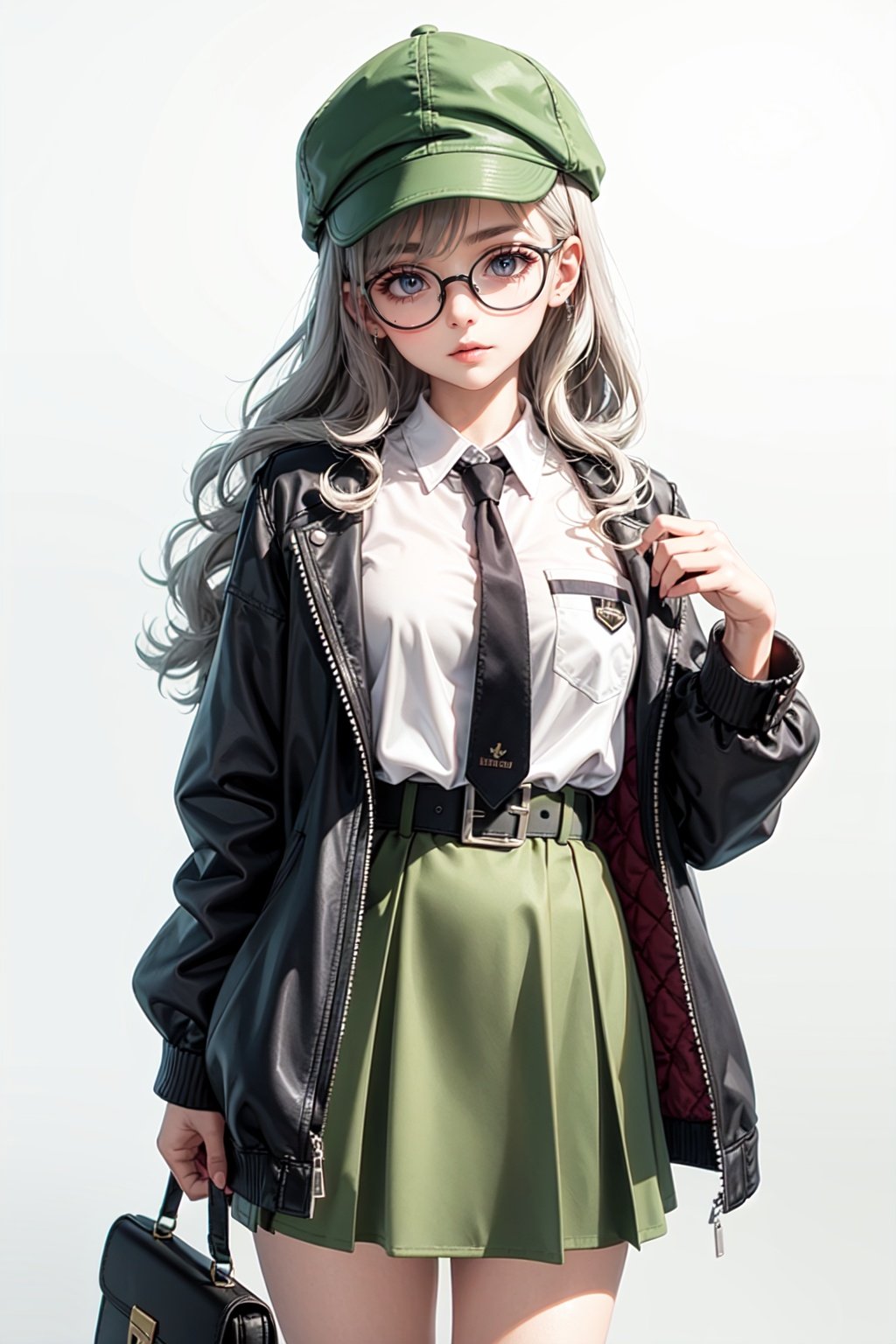  1girl, solo, green headwear, shirt, glasses, hat, white shirt, long hair, skirt, open clothes, belt, bag, long sleeves, simple background, long skirt, jacket, necktie, collared shirt, black necktie, round eyewear, closed mouth, looking at viewer, hand up, brown eyes, white background, grey hair, black-framed eyewear, holding, pocket, open jacket, green jacket, standing, buckle, shoulder bag, belt buckle, wing collar, black belt, shirt tucked in, bangs, breast pocket, green skirt, wavy hair, feet out of frame, blush, high-waist skirt, buttons, name tag, character name