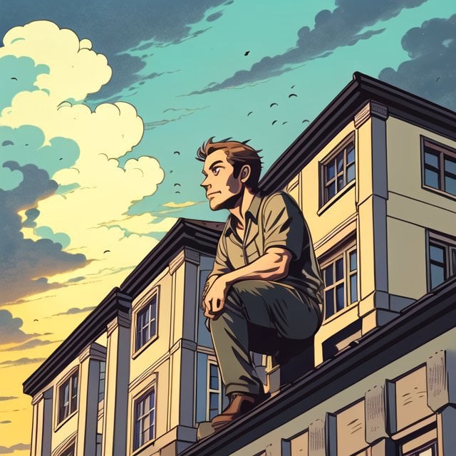 a man on a roff of a building,  facing away from the camera,  low angle shot by ShadoWxShinigamI on Tensor.Art