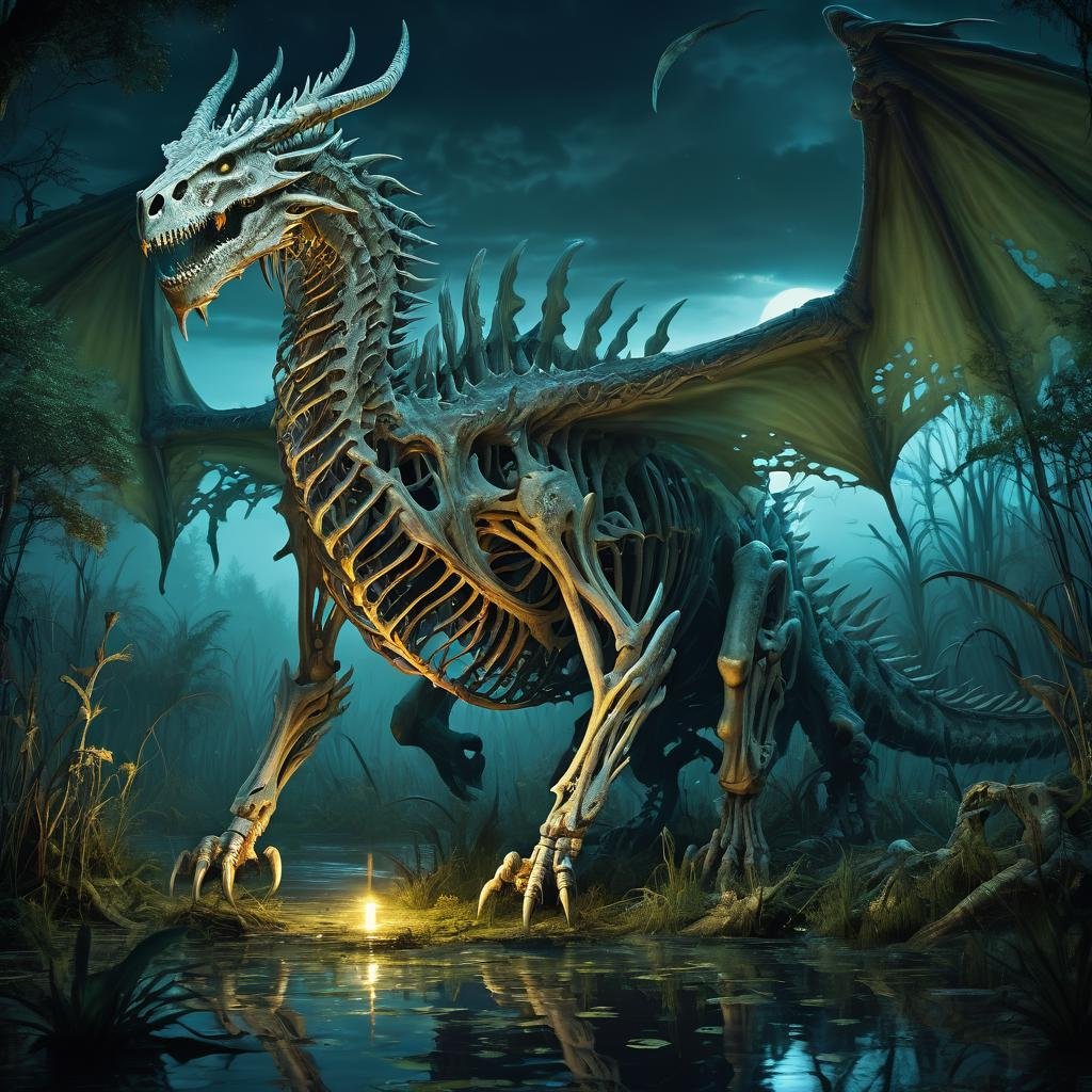 bone dragon in a swamp at night<lora:Classic Western Dragons XL:0.8>, (masterpiece),  best quality, highres, 4k, 8k, Detailed Illustration, intricate detail, cinematic lighting, amazing quality, 1girl, fit female, amazing shading, soft lighting, facing camera, perfect eyes