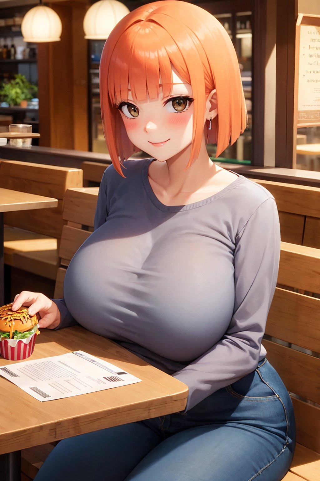 1girl,solo,(mcmom:1.3),huge breasts,grey shirt,sitting,restaurant,smile,blush,table <lora:mom_(japanese_mcdonalds_commercial) 2:1>