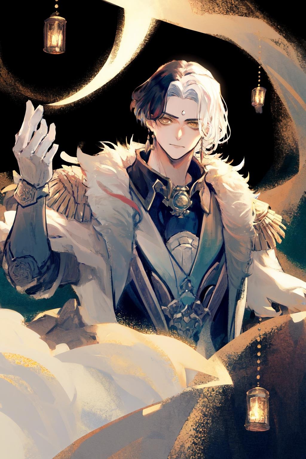 masterpiece, best quality, highres, 1boy, solo, emet selch, white streaked hair, black hair <lora:emet_selch3-000001:1>