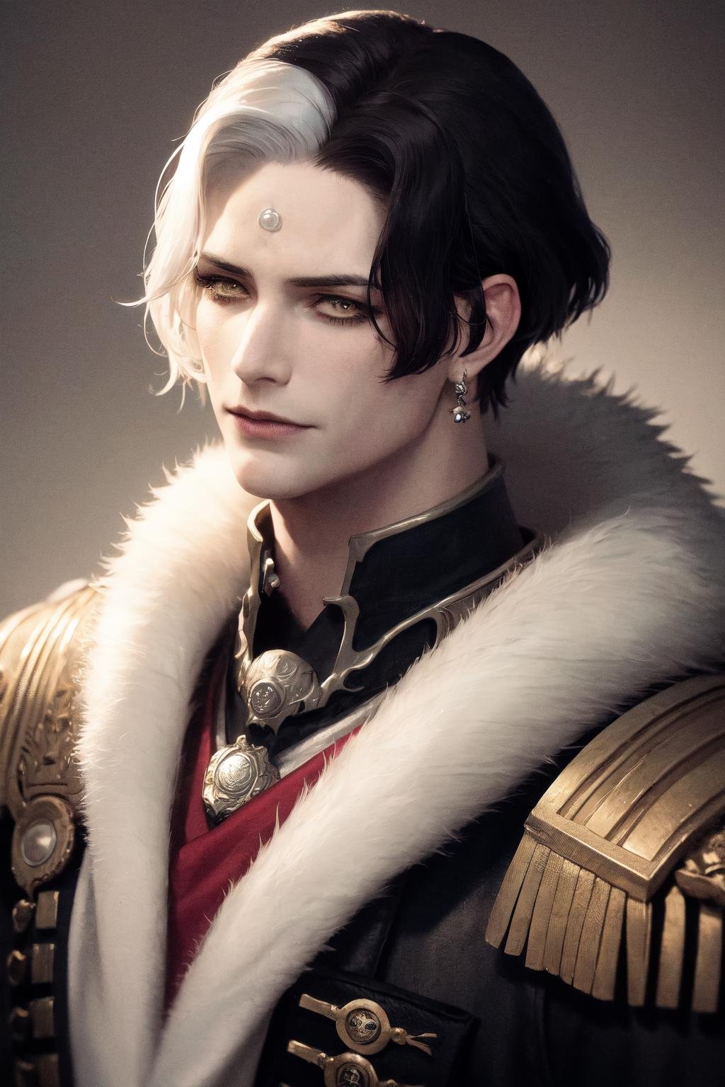 masterpiece, best quality, highres, 1boy, solo, emet selch, white streaked hair, black hair <lora:emet_selch3-000001:1> photorealistic, serious