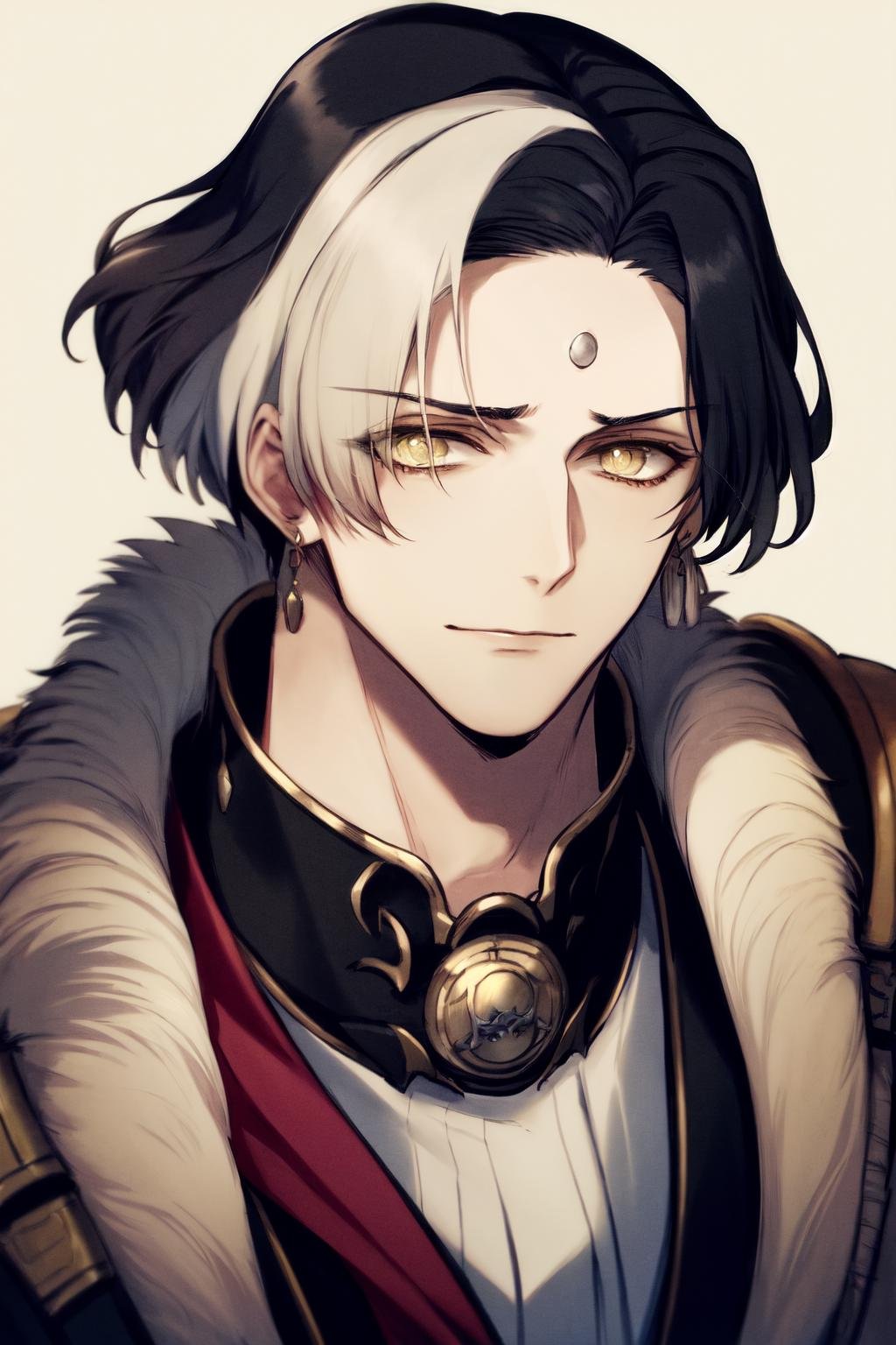 masterpiece, best quality, highres, 1boy, solo, emet selch, white streaked hair, black hair <lora:emet_selch3-000001:1>, portrait