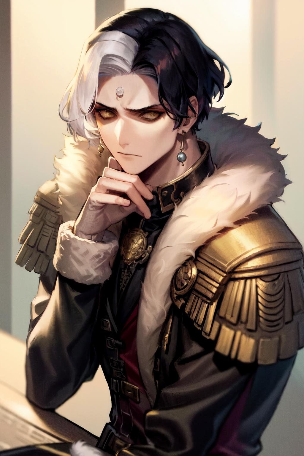 masterpiece, best quality, highres, 1boy, solo, emet selch, white streaked hair, black hair <lora:emet_selch3-000001:1>, sitting, hand on own chin, looking at viewer, upper body, serious, shaded face <lora:shaded_face2_pruned_0:1>