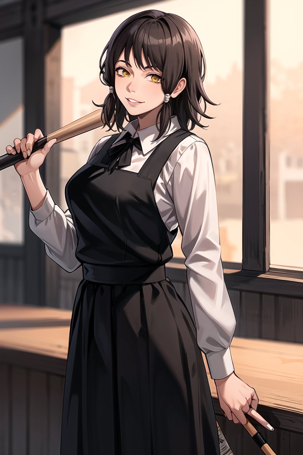 (best quality), (highly detailed), masterpiece, (official art), mifune, black hair, short hair, ((hair tubes)), lips, smile, yellow eyes ,ringed eyes, baseball bat, (holding baseball bat), shirt, long sleeves, dress, school uniform, white shirt, collared shirt, black dress, pinafore dress,room,indoors, jewelry,hands in opposite sleeves, (intricately detailed, hyperdetailed), blurry background,depth of field, best quality, masterpiece, intricate details, tonemapping, sharp focus, hyper detailed, trending on Artstation,1 girl, solo,high res,official art