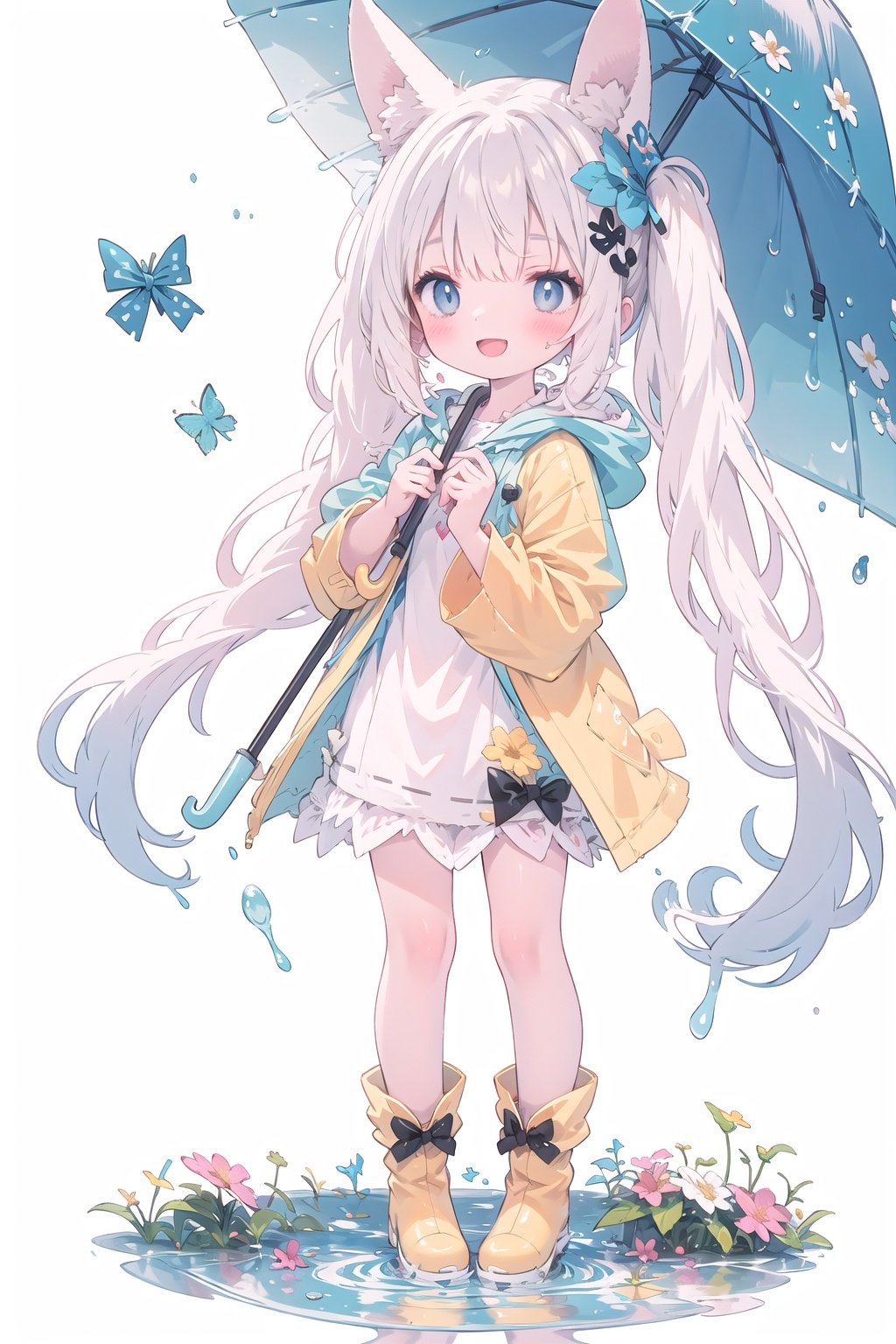 1girl,rainbow,raincoat,yellow raincoat,rubber boots,hydrangea,flower,long hair,twintails,boots,blush,umbrella,open mouth,hair ornament,white background,hood,solo,teruterubouzu,very long hair,hood up,long sleeves,low twintails,bow,bangs,smile,animal hood,blue eyes,rabbit,closed umbrella,puddle,full body,:d,snail,yellow footwear,simple background,pink flower,standing,leaf umbrella,holding umbrella,food-themed hair ornament,hair bow,animal ears,holding,blonde hair,hair flower,rain,animal,clpstyle,cuteloli