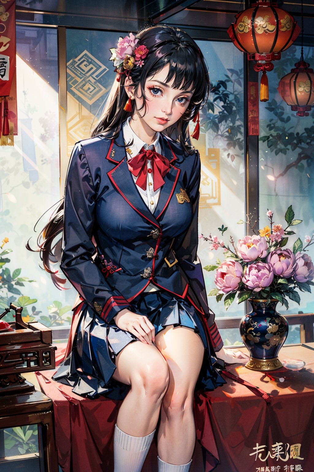 best quality,masterpiece,(naoetsu_high_school_uniform:1.4),close-up,(peony (flower):1.2),(photorealistic:1.4),unity 8k wallpaper,vase,sunlight,blunt bangs,huasanchuan,(ultra detailed:1.3),(light_on_face:1.4),1girl,blcc,solo,skirt,(looking at viewer:1.2),looking at viewer,(leaning_on_object:1.2),light rays,large breasts,(long hair:1.3),(chinese new year:1.4),outdoors,