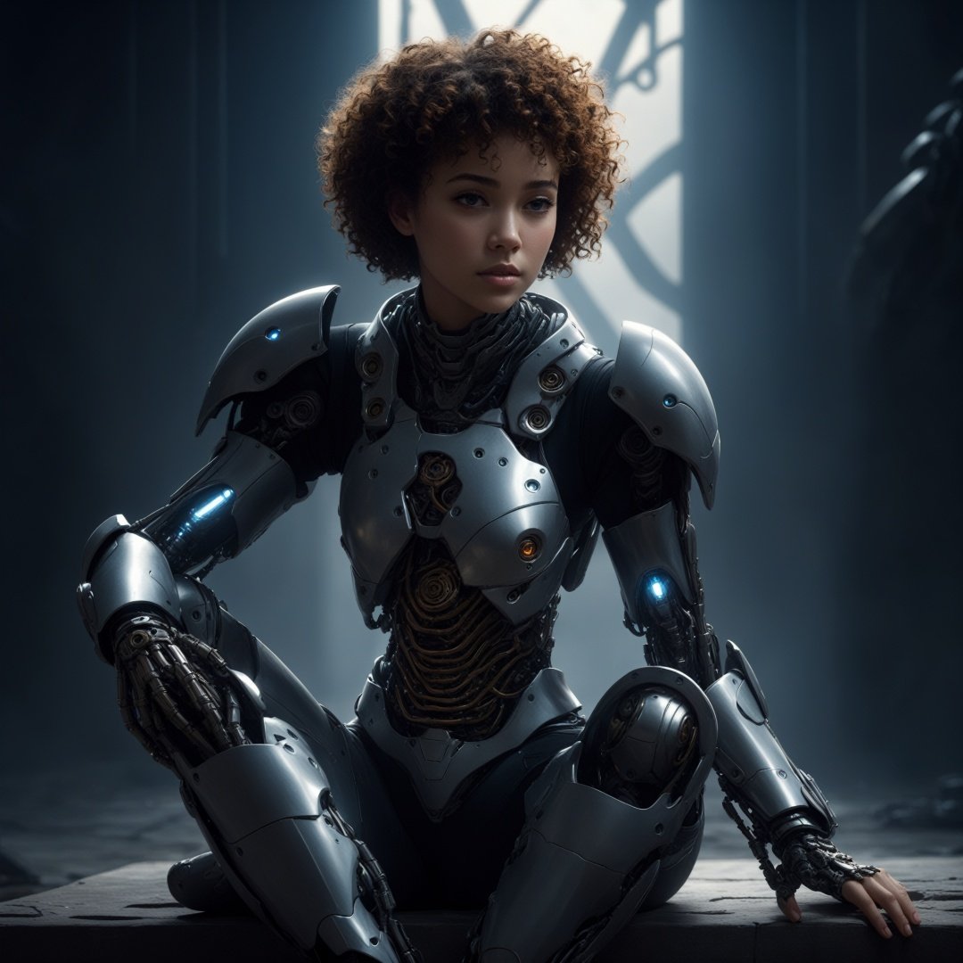 dramatic lighting,1girl,short curly hair,cyborg,armor,biomechanical environment,sitting