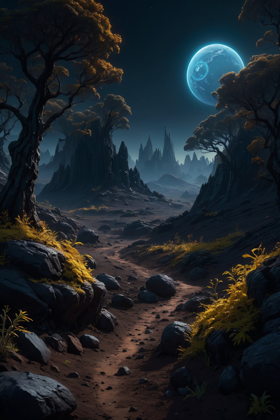  Landscape of a dark far away planet, rock and organic soil, glowing trees, UHD, masterpiece, trending on artstation, sharp focus, studio photo, intricate details, highly detailed, by greg rutkowski,light master