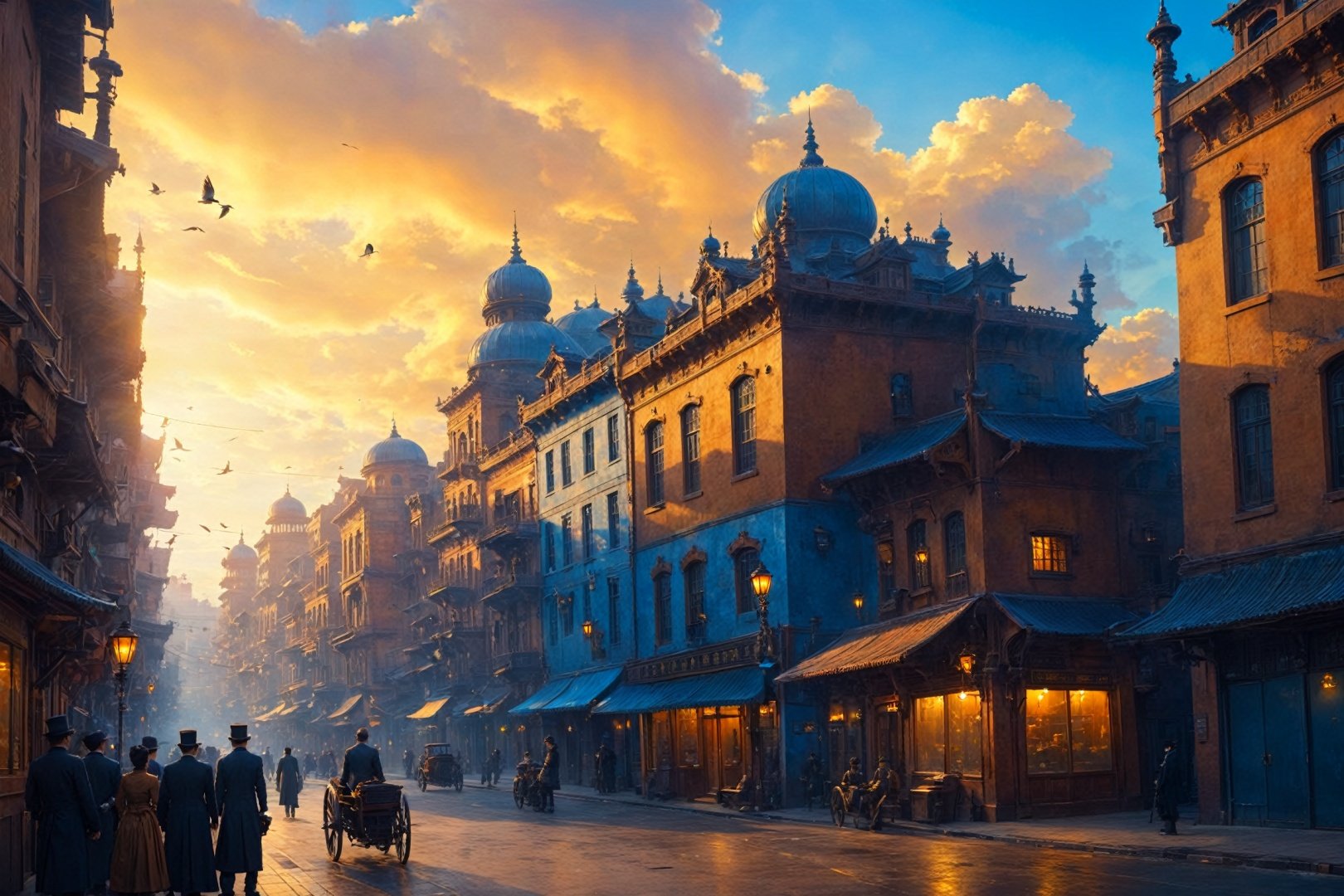  (masterpiece:1.2), best quality,fantasy,(steampunk:1.2), complex, street, city, steam, machine,dreamlike,scenery,future,orange light,blue sky,cityscape,blue spot,panorama,steam,((air city)),bird angle,nijistyle,houtufeng,midjourney,sunset