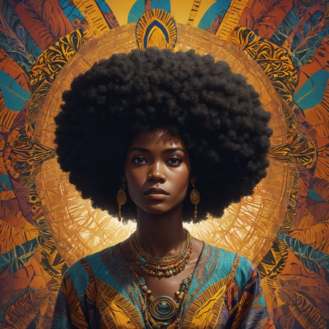 high quality, masterpiece, 1girl, African queen, afro, psychedelic