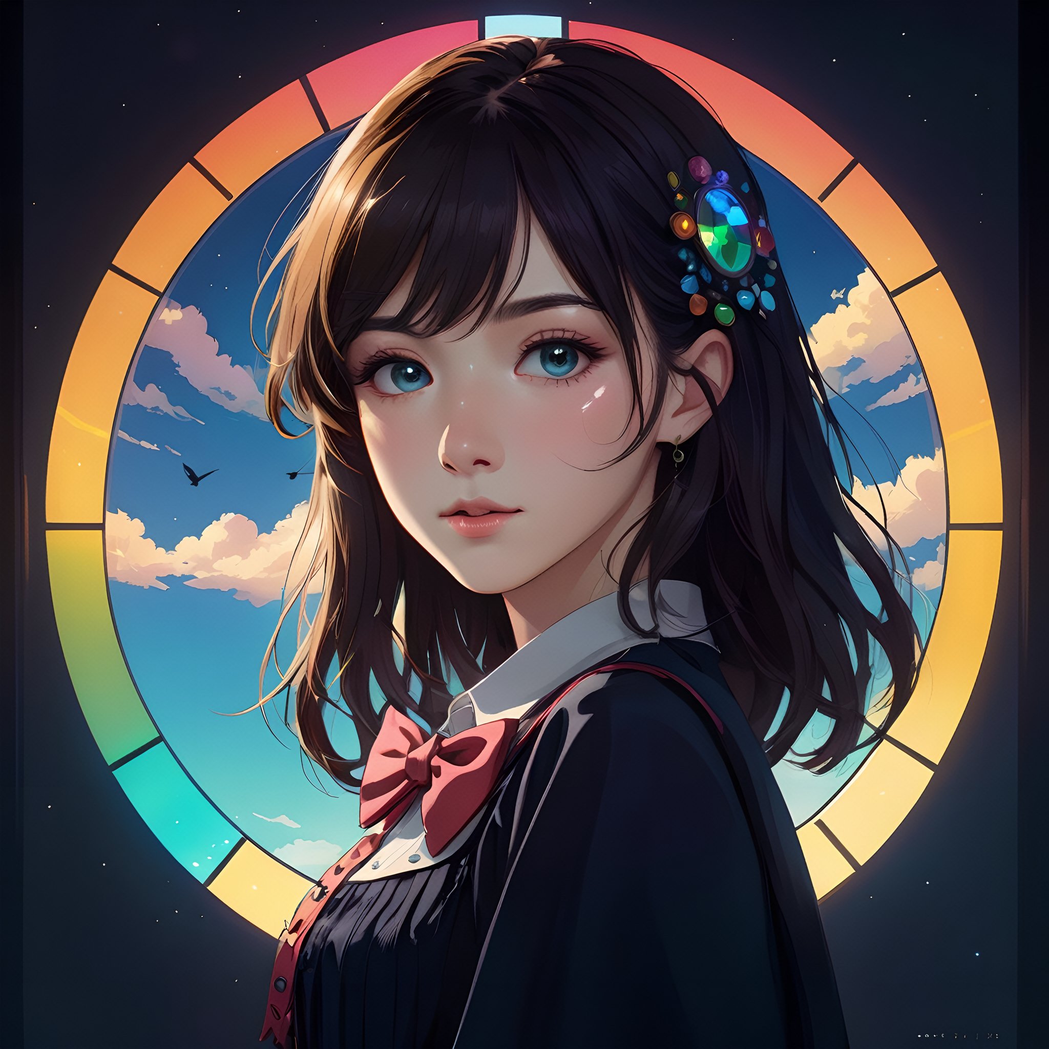  ((ghibli art work,minimalist illustration, solid color)), ((floating hair)), ((chromatic aberration)), ((caustic)), lens flare, dynamic angle, ((portrait)), (1 girl), ((solo)), cute face, ((hidden hands)), asymmetrical bangs, (beautiful detailed eyes), eye shadow, ((huge clocks)), ((glass strips)), (floating glass fragments), ((colorful refraction)), (beautiful detailed sky), ((dark intense shadows)), ((cinematic lighting)), ((overexposure)), (expressionless), blank stare, big top sleeves, ((frills)), hair_ornament, ribbons, bowties, buttons, (((small breast))), pleated skirt, ((sharp focus)), ((masterpiece)), (((best quality))), ((extremely detailed)), colorful,