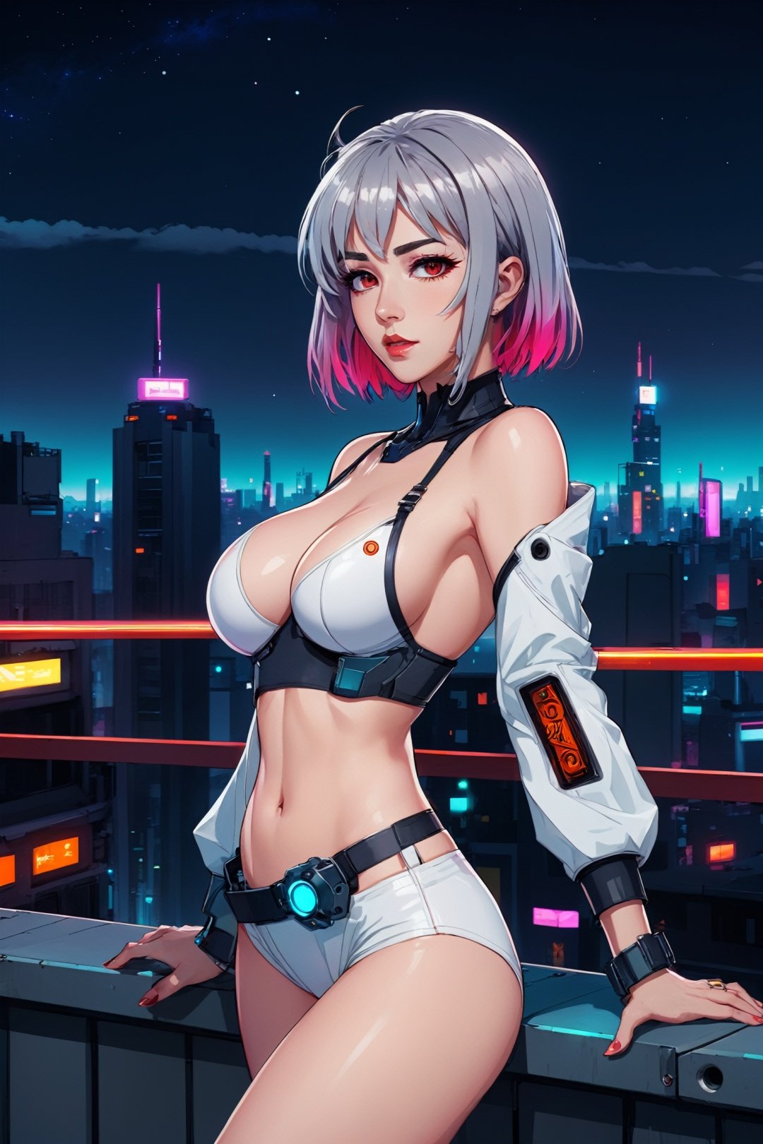  anime artwork lucy \(cyberpunk\), 1girl, gradient eyes, grey eyes, grey hair, white jacket, leotard, lips, long sleeves, looking afar, looking ahead, (mechanical parts), medium breasts, multicolored eyes, multicolored hair, night, night sky, off shoulder, open clothes, open jacket, outdoors, pants, parted lips, railing, red eyeliner, science fiction, short hair with long locks, short shorts, shorts, sidelocks, sky, solo, standing, teeth, thigh cutout, upper teeth only, white jacket, white shorts, cyberpunk \(series\), cyberpunk edgerunners, , cosplay, white wig, night, neon lights, dramatic, key visual, vibrant, highly detailed