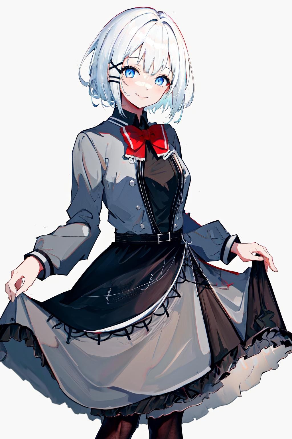 masterpiece, best quality, highres, 1girl white hair blue eyes x hair ornament, red bowtie black shirt grey jacket grey dress black skirt black belt frills black pantyhose <lora:siesta:1> skirt lift, smile, simple background