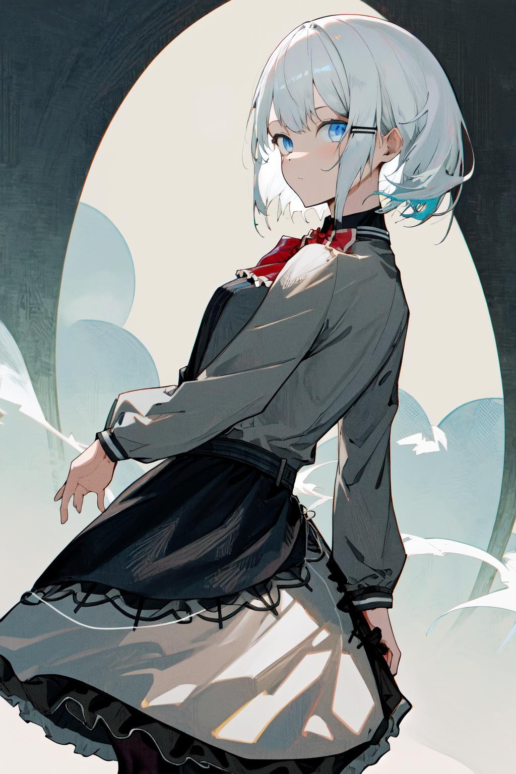 masterpiece, best quality, highres, 1girl white hair blue eyes x hair ornament, red bowtie black shirt grey jacket grey dress black skirt black belt frills black pantyhose <lora:siesta:1> from side, looking back, looking at viewer