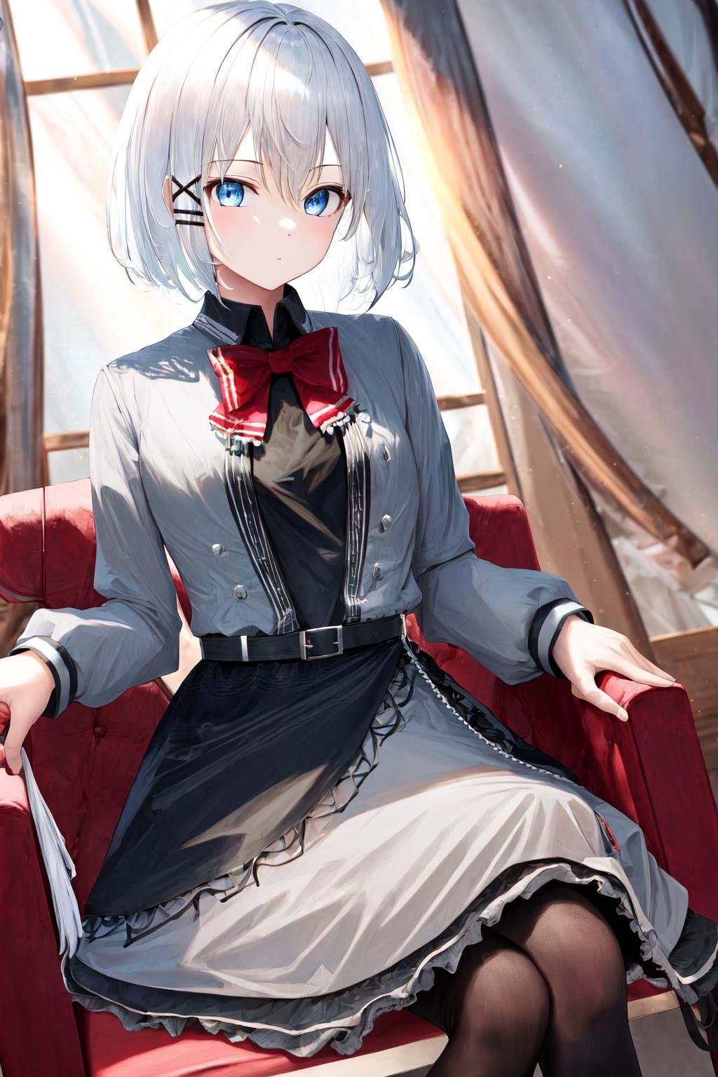 masterpiece, best quality, highres, 1girl white hair blue eyes x hair ornament, red bowtie black shirt grey jacket grey dress black skirt black belt frills black pantyhose <lora:siesta:1> sitting on chair