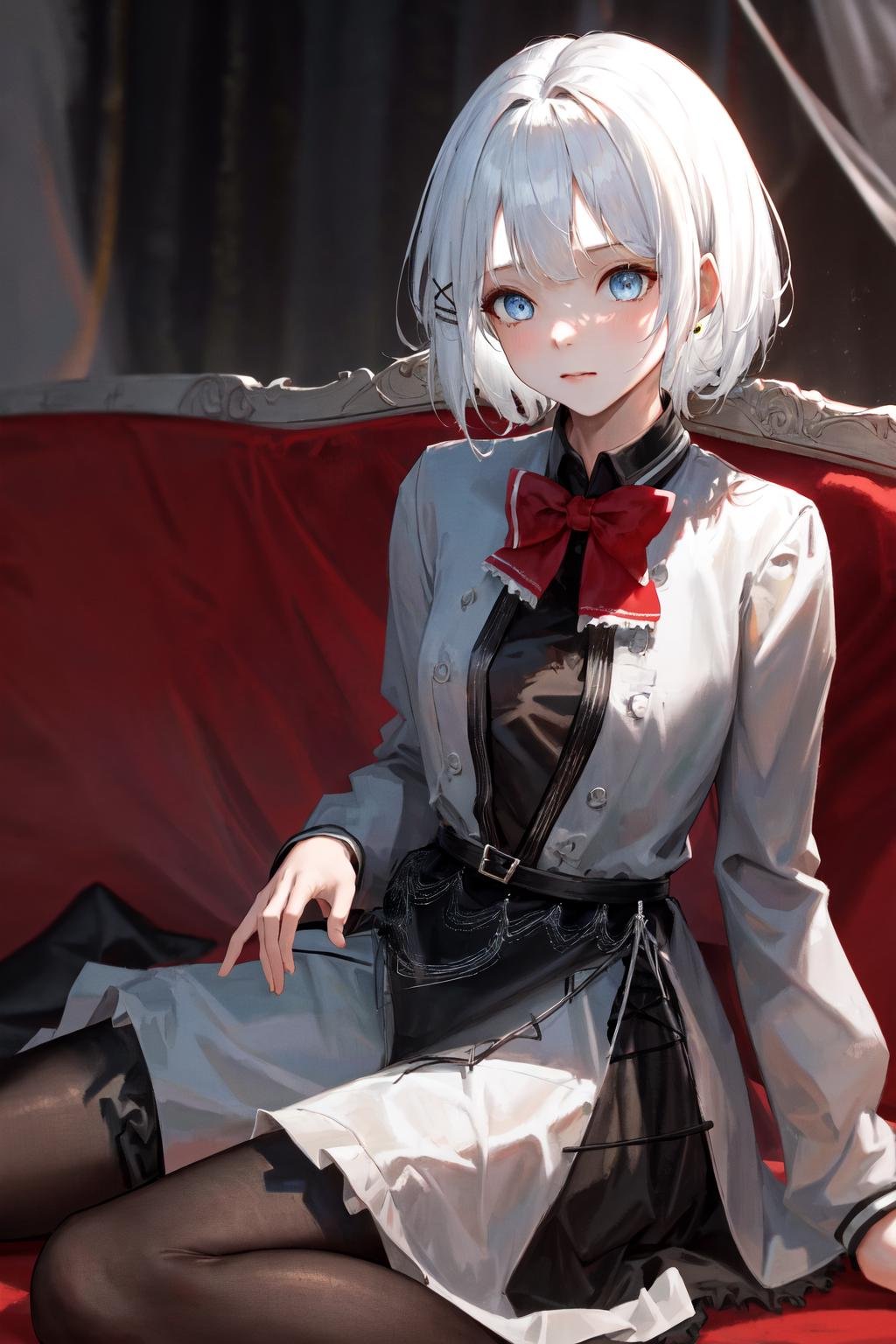 masterpiece, best quality, highres, 1girl white hair blue eyes x hair ornament, red bowtie black shirt grey jacket grey dress black skirt black belt frills black pantyhose <lora:siesta:1> sitting, wariza, arm support