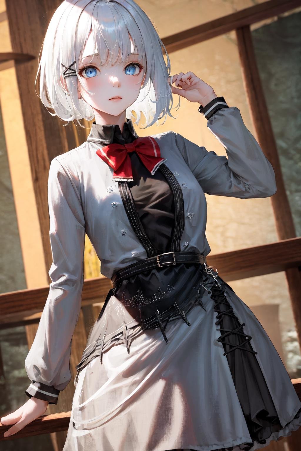 masterpiece, best quality, highres, 1girl white hair blue eyes x hair ornament, red bowtie black shirt grey jacket grey dress black skirt black belt frills black pantyhose <lora:siesta:1> hand on hip