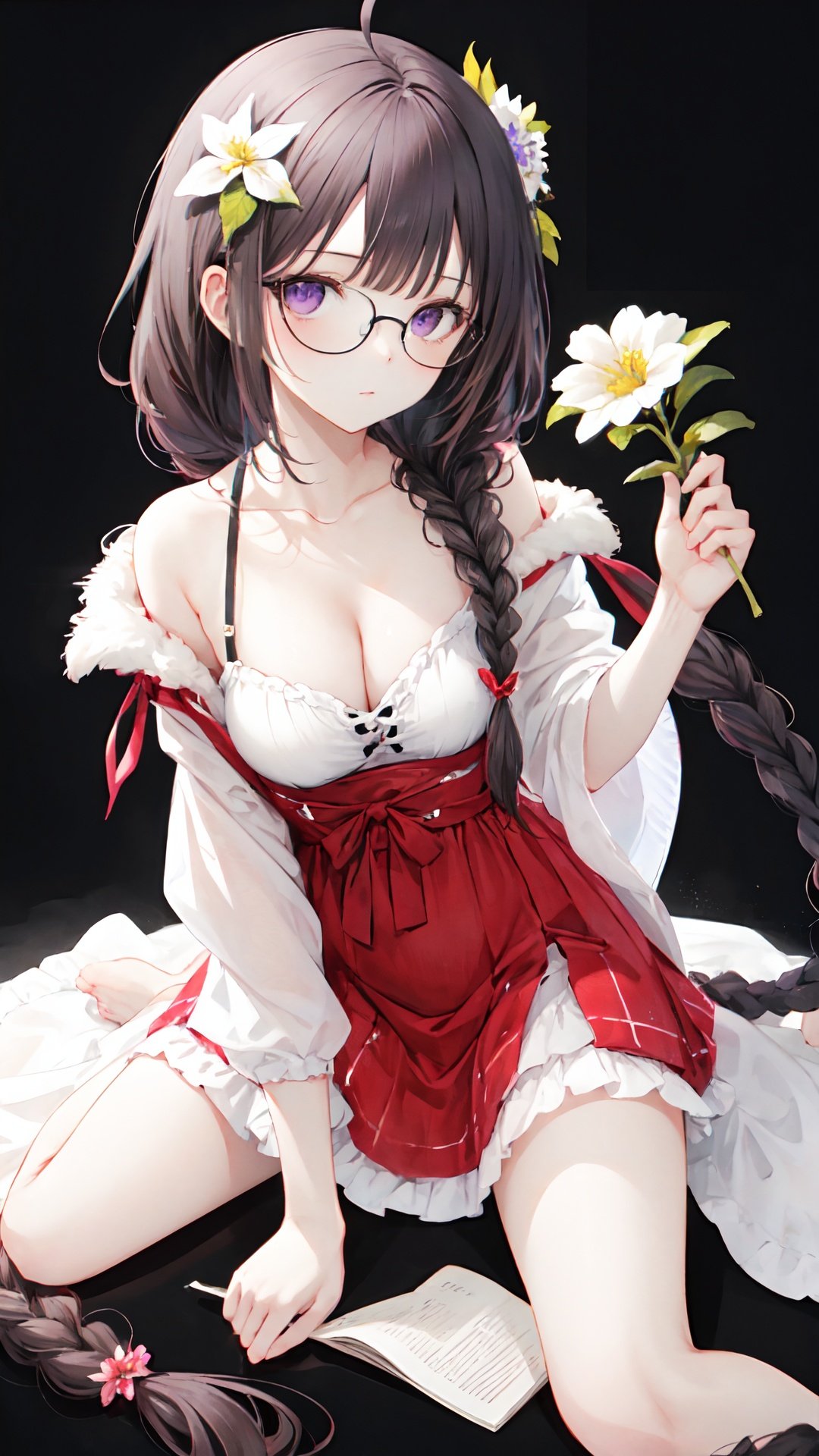 1girl,braid,flower,hair_ornament,solo,breasts,long_hair,wariza,sitting,barefoot,black_background,simple_background,brown_hair,white_flower,purple_eyes,twin_braids,cleavage,glasses,ahoge,blush,hair_flower,collarbone,looking_at_viewer,very_long_hair,