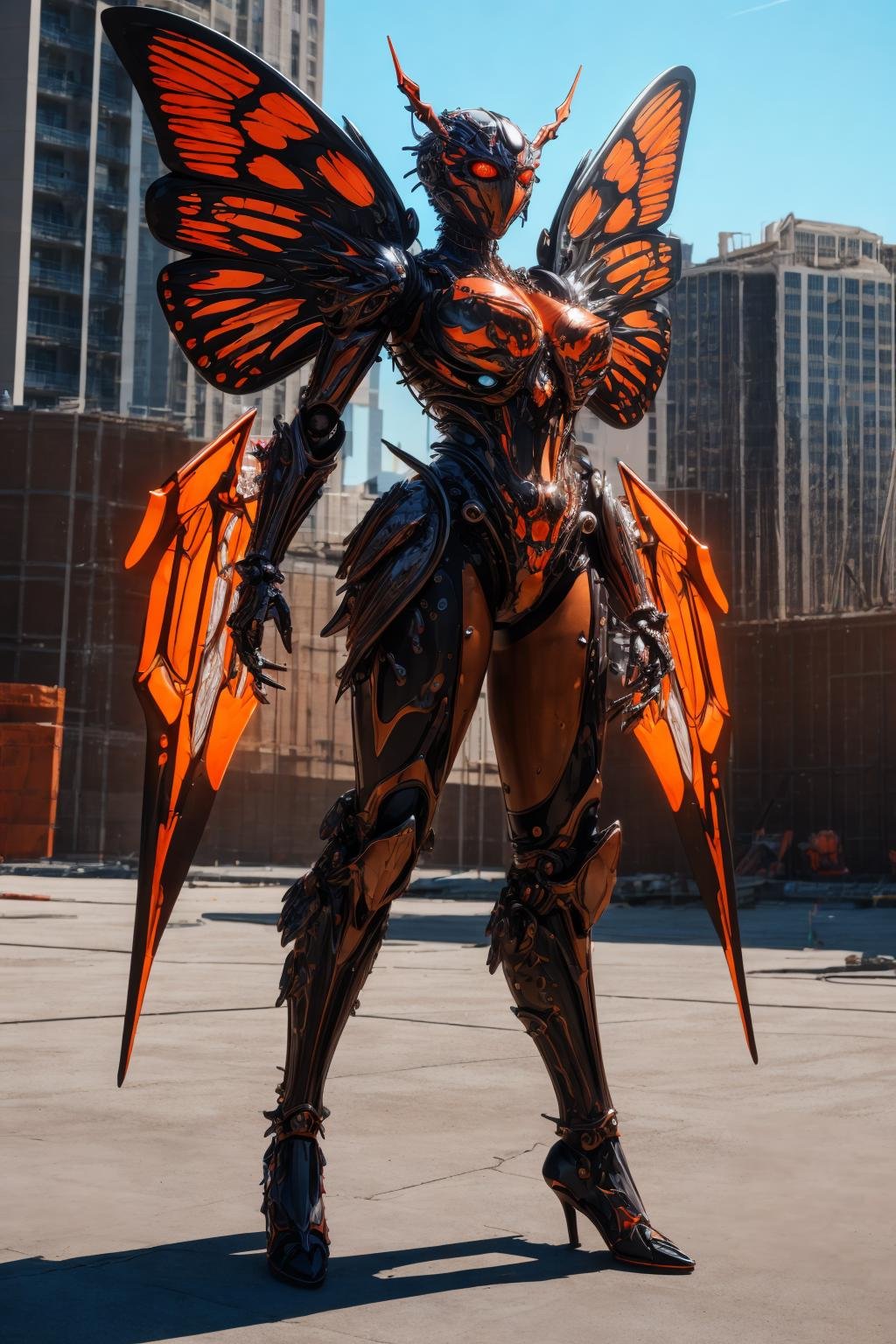 <lora:hades_armor_v3:0.7>masterpice, highly detailed photorealistic raw photography, best quality, volumetric lighting, volumetric shadows1girl in Construction Orange hades_armor, musculated body, alien eyes, helmet, monster form, claws, metal demon wings, armor reflexions, butterfly sittingsteampunk city background with multicolor flowers