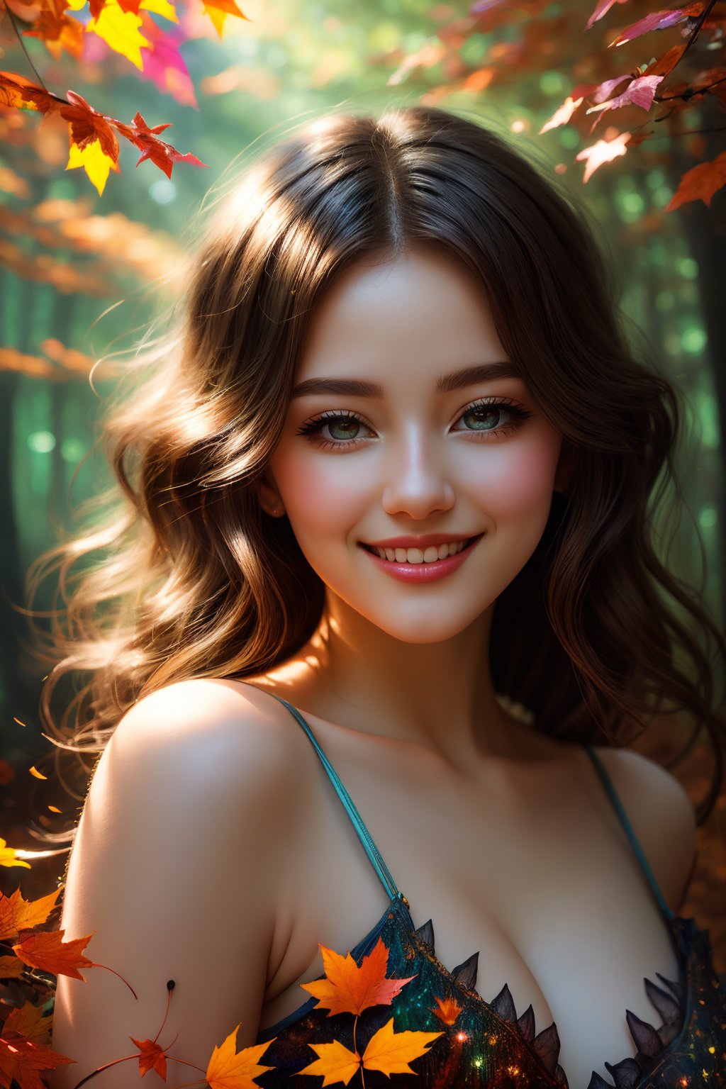 best quality,ultra-detailed,realistic,photorealistic:1.37,portrait,beautiful curvy woman,beautiful detailed eyes,beautiful detailed lips,wavy hair,wearing lovely autumn dress,cute smile,surrounded by a mystical forest,walking towards the camera,magical aura,whimsical,colorful autumn leaves,floating in the air,gentle breeze,rays of sunlight peeping through the trees,soft dappled light,peaceful atmosphere,magical creatures,playing around,sparkling fairy dust,soft glow,x,y,z style painting,blending colors,vibrant hues,dreamlike scenery,Realism