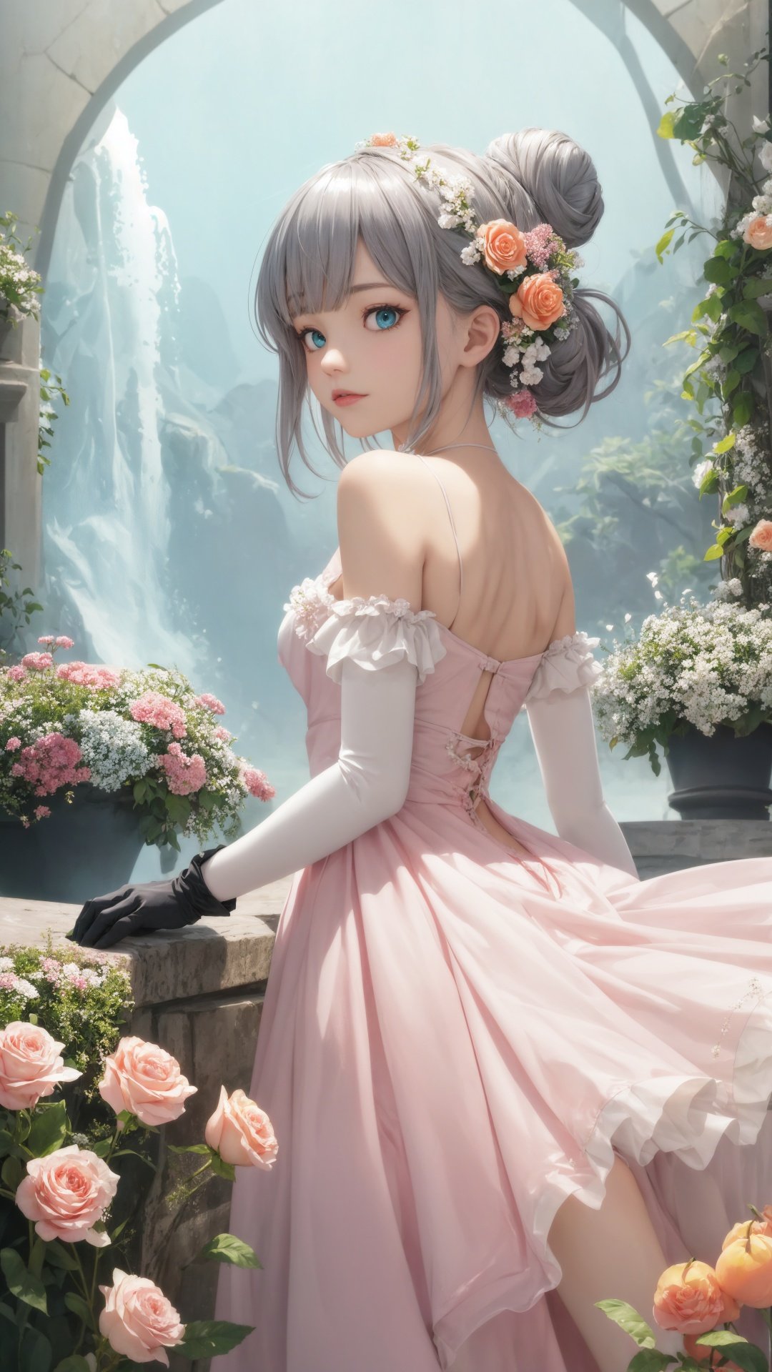 girl, solo, dress, gloves, feather dress, looking at viewer, hair ornament, elbow gloves, blue eyes, looking back, standing, hair bun, bare shoulders, long dress, single hair bun, black gloves, flower, bangs, grey hair. BREAK Whimsical fantasy elegant rose floral botany minimalism with a wave of flower, garden flowing flowers floating in a hazy pastel pink, Aqua green, Soft apricots, Moody and massively realistic flowers, Octane rendering, Josephine Wall Art, Isabel Menin, jane, Amy brown