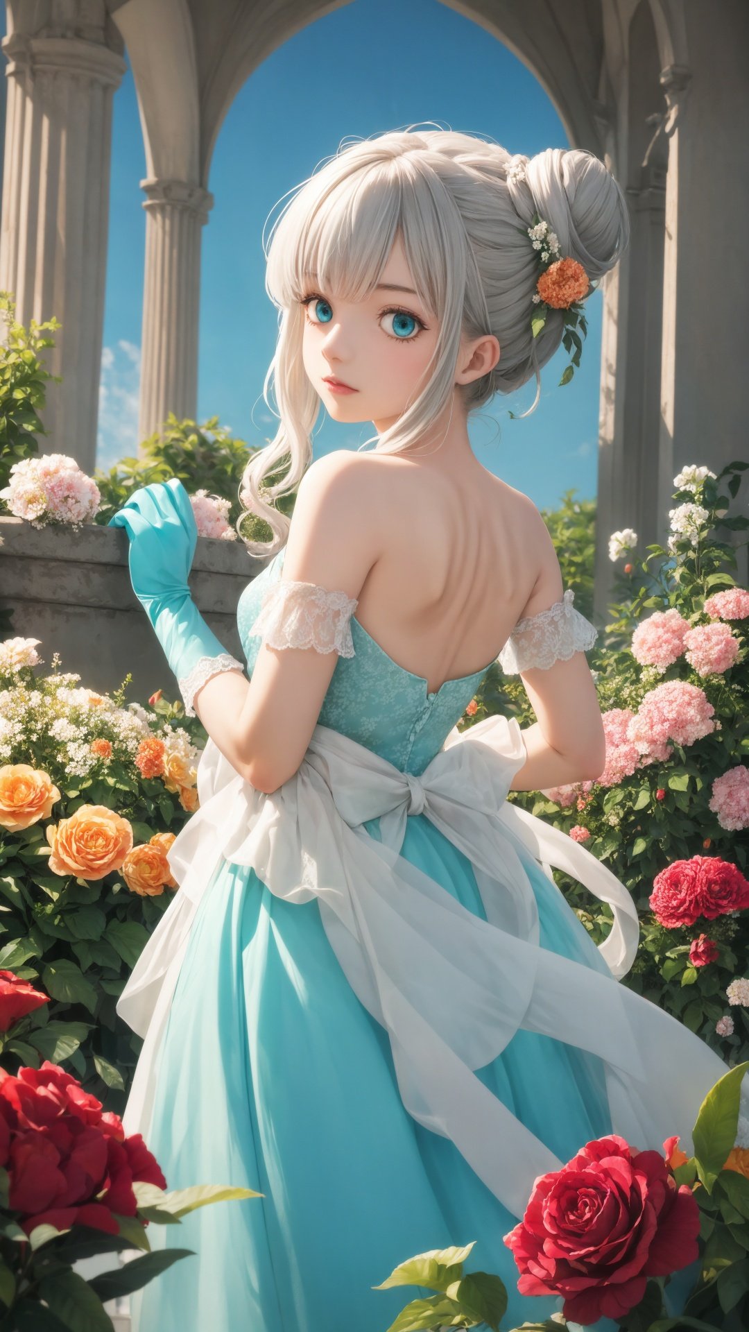 girl, solo, dress, gloves, feather dress, looking at viewer, hair ornament, elbow gloves, blue eyes, looking back, standing, hair bun, bare shoulders, long dress, single hair bun, black gloves, flower, bangs, grey hair. BREAK Whimsical fantasy elegant rose floral botany minimalism with a wave of flower, garden flowing flowers floating in a hazy pastel pink, Aqua green, Soft apricots, Moody and massively realistic flowers, Octane rendering, Josephine Wall Art, Isabel Menin, jane, Amy brown