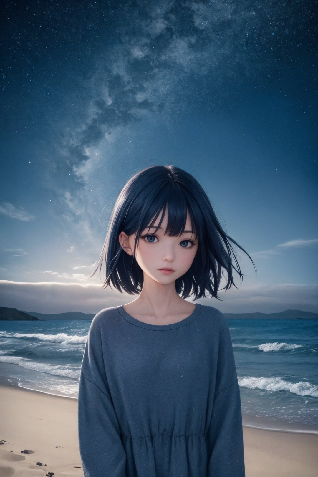 (Masterpiece, Best quality, ultra high resolution),1girl,dark blue hair,on the beach, night, fog, dark blue sky, starry sky,(grey and blue theme)