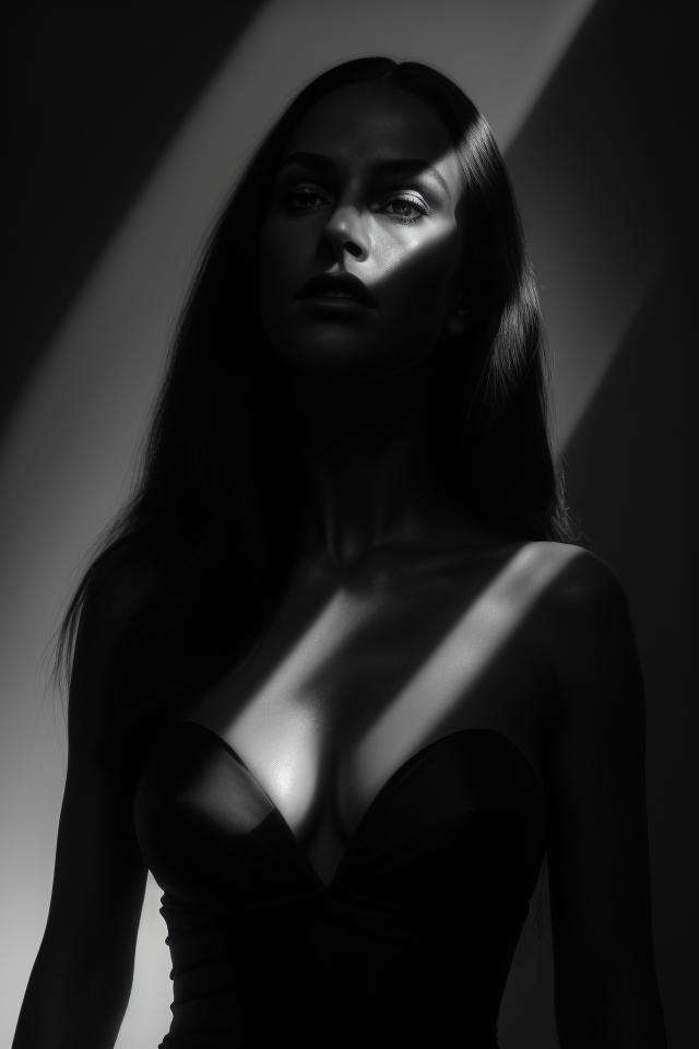 1girl,(spotlight),upper body,shadow,dark theme,monochrome,looking at viewer,long hair,evening gown,chiaroscuro,masterpiece,best quality,ultra highres,photorealistic,beautiful detailed face,spotlight,dark theme,spotlight,dark theme,<lora:spotlight:0.6>,