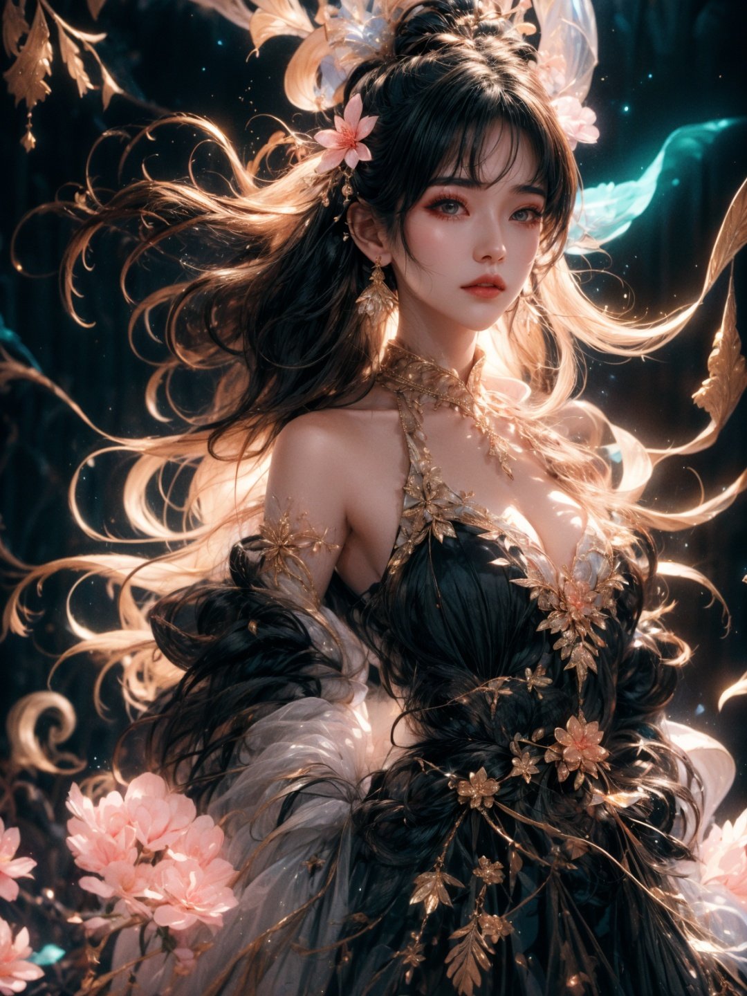  masterpiece,best quality,8k,insane details,intricate details,hyper quality,high detail,ultra detailed,realistic,1girl,long hair,jewelry,looking at viewer,dress,hair ornament,black dress,bracelet,bare shoulders,full body,tail,pink flower,black hair,solo,looking at viewer,earrings,black background,lips,wavy hair,glowing,detached sleeves,closed mouth,beads,makeup,long sleeves,EpicSky, huansha,neon_dress, cute girl