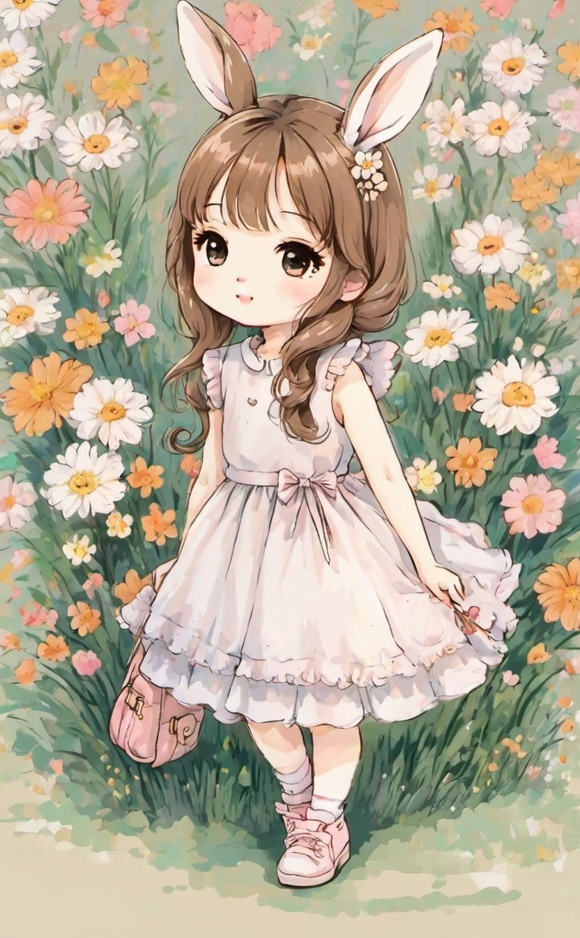 simple crayon,solo,chibi,a cute little rabbit,lovely dress,lovely shoes,simple cartoon eyes,solid eyes,kpstyle,simple background,6+others,multiple others,too many,chibi,flowers,._.,<lora:suxie:0.85>,