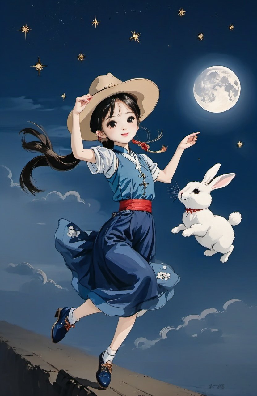 (cowboy shot, action shot),1girl,rabbit ears,cute rabbit,fei tian,<lora:neg4all_bdsqlsz_V3.5:1>,dark blue starry background,full body,dancing,flying,good hand,big full moon,clouds,mooncake, masterpiece, best quality,,<lora:suxie:1>,