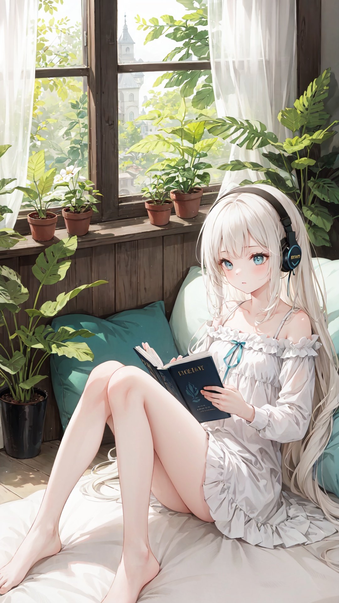 extremely delicate and beautiful,
depth of field,amazing,masterpiece,growth,visual impact,
ultra-detailed,

1girl, long_hair, window, book, pillow, barefoot, solo, plant, very_long_hair, indoors, potted_plant, headphones, cup,
gorgeous,fantasism,nature,refined rendering,original,contour deepening,high-key and low-variance brightness scale,soft light,light and dark interlaced,