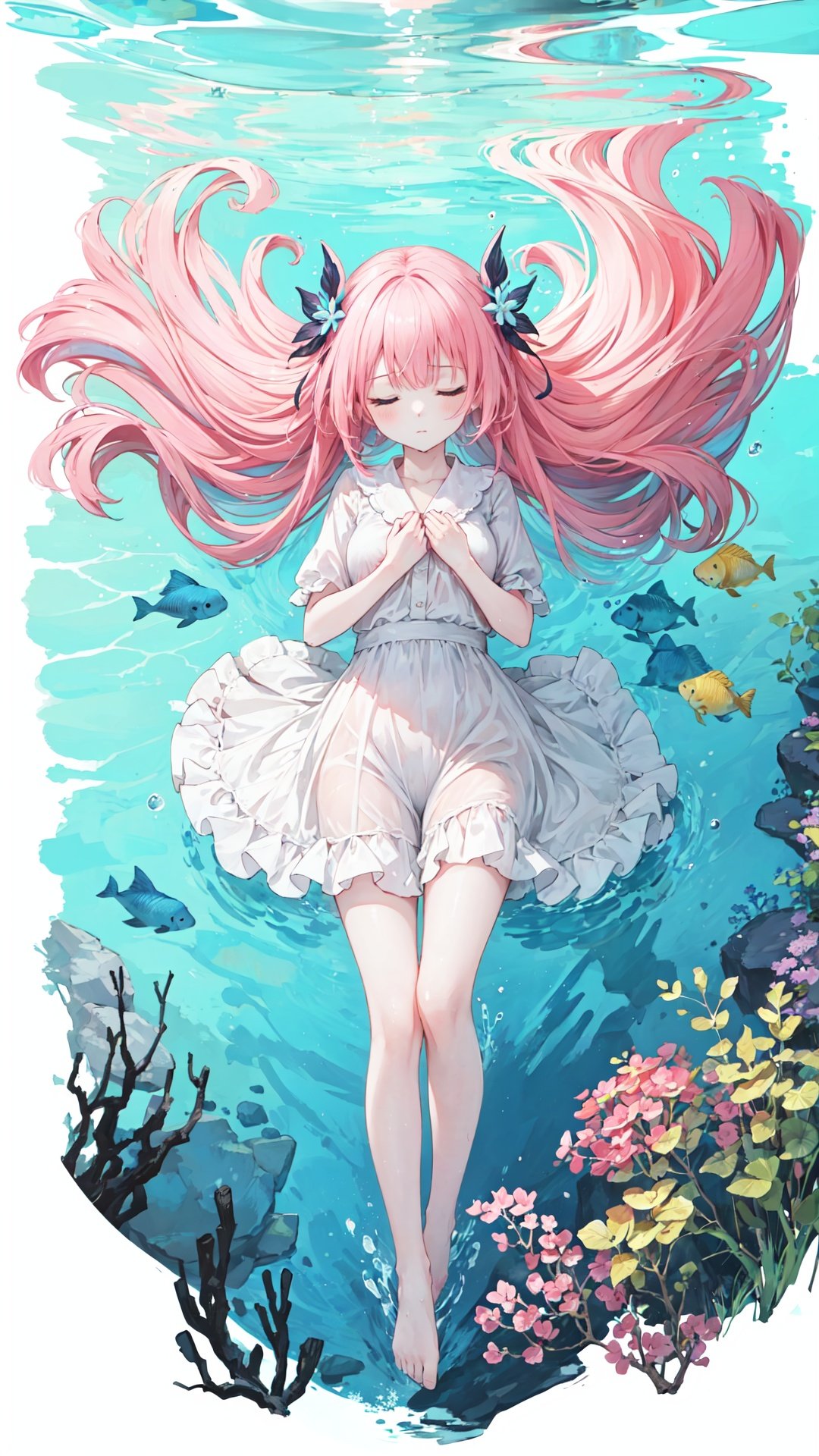 full_body, underwater, submerged, abyss, deep_ocean, ocean_bottom, (drowning:1.2), 1girl, solo, petite, loli, pink_hair, closed_eyes, medium_breasts, naked_shirt, wet, hair_ornament, sleeping, beautiful_detailed_water, closed_eyes, curled_up:1.3, bare_legs, praying, bare_foot, (closed_mouth), emotionless, (very_long_hair:1.2), floating_hair, floating, (backlighting), ((masterpiece)), (highres), (best_quality), (highly_detailed), (original), (Delicate background), (extremely detailed 8K wallpaper), light particles, shaded_face, depth_of_field, perspective