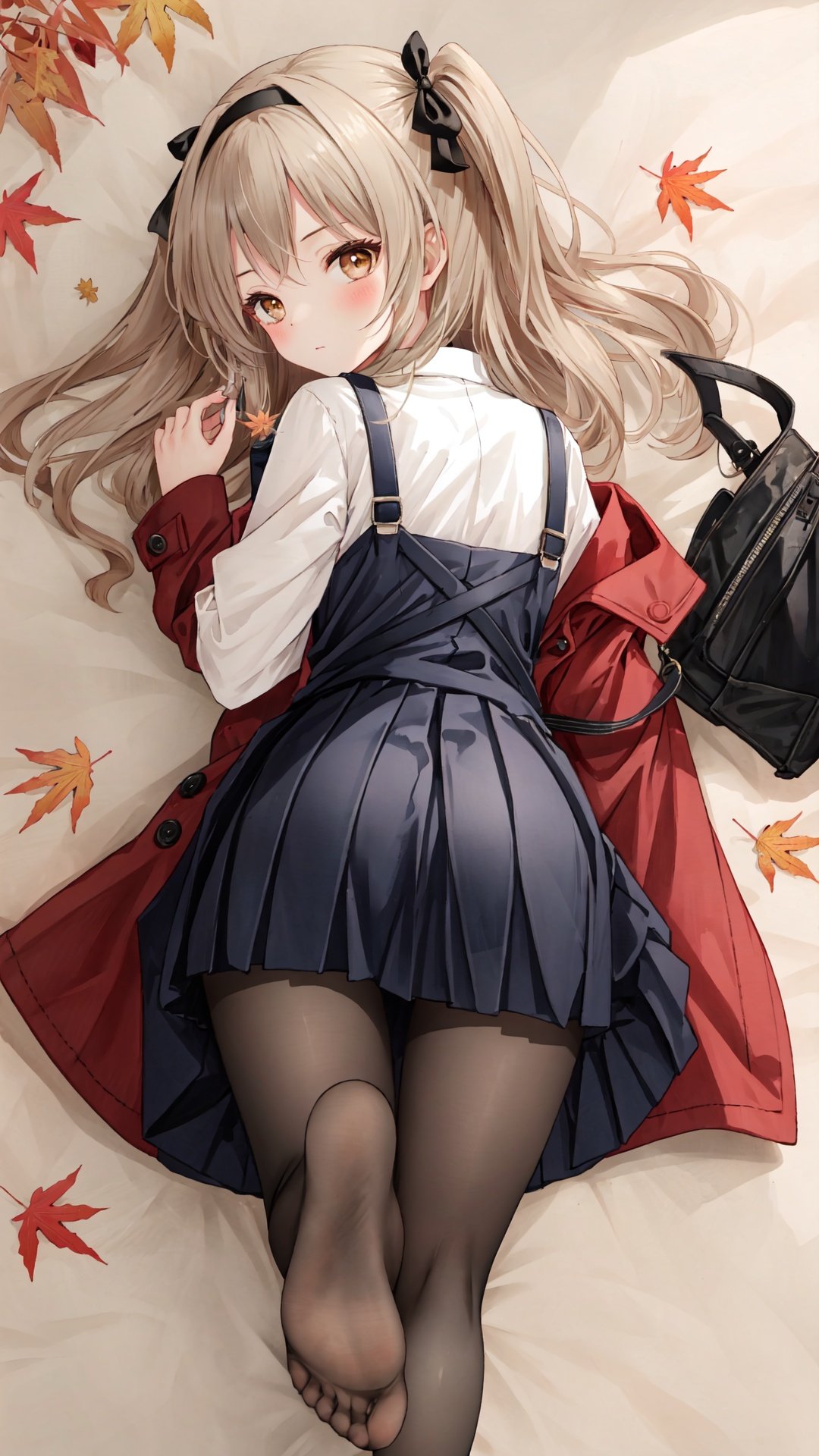 1girl, solo, skirt, coat, shimada arisu, long hair, pantyhose, red skirt, looking at viewer, lying, on stomach, shirt, suspenders, hair ribbon, brown eyes, ribbon, bangs, looking back, long sleeves, no shoes, brown coat, blush, black shirt, feet, soles, one side up, ass, closed mouth, casual, bag, leaf, maple leaf, coat removed, pleated skirt, full body, suspender skirt, autumn leaves, simple background, from behind, black ribbon, hairband, open coat, black pantyhose, legs up, light brown hair, toes