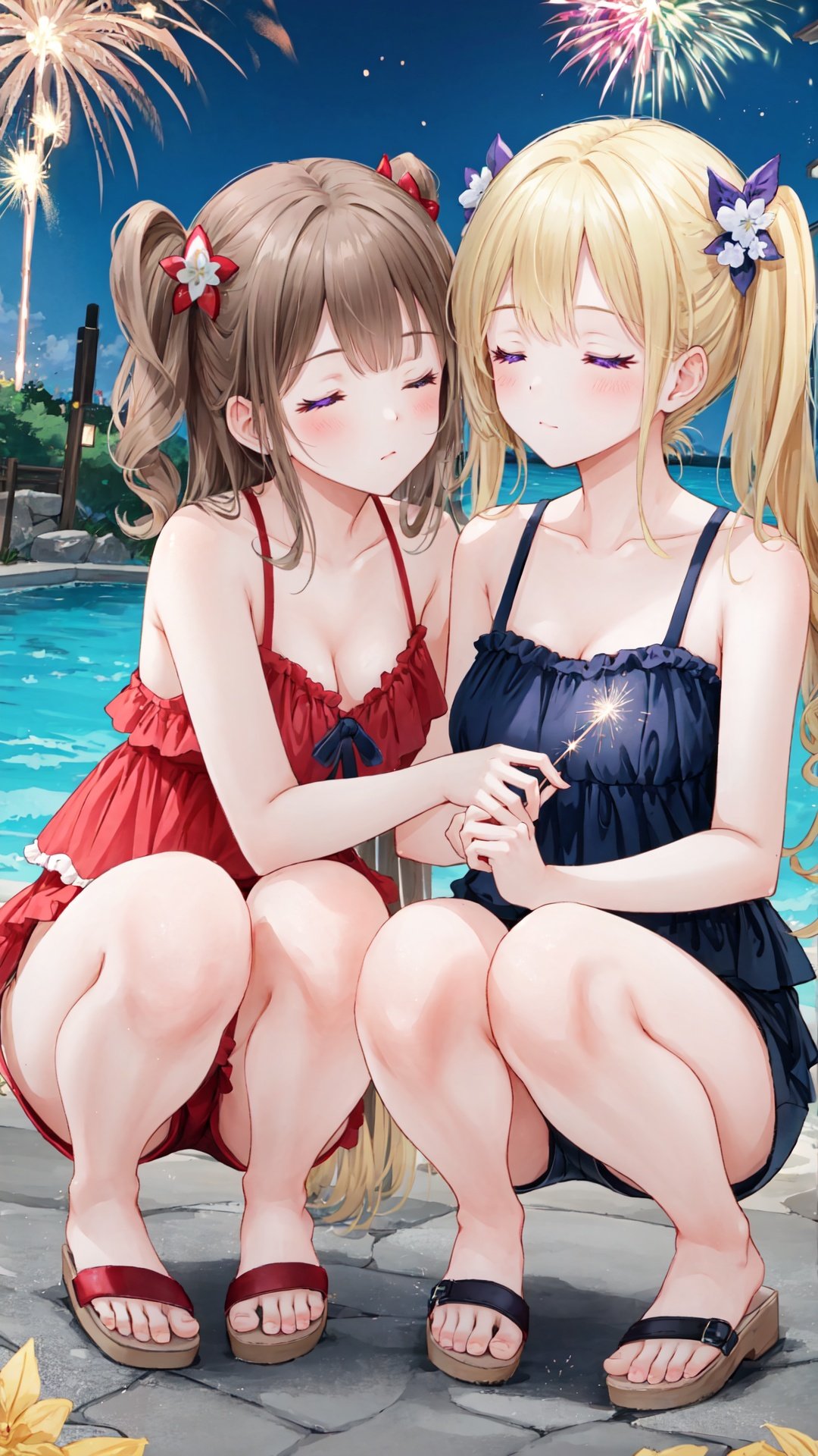 multiple girls, 2girls, sparkler, fireworks, purple eyes, squatting, sandals, brown hair, closed eyes, long hair, water, blonde hair, yuri, blush, hair ornament, collarbone, shorts, swimsuit, breasts, bare shoulders, one side up