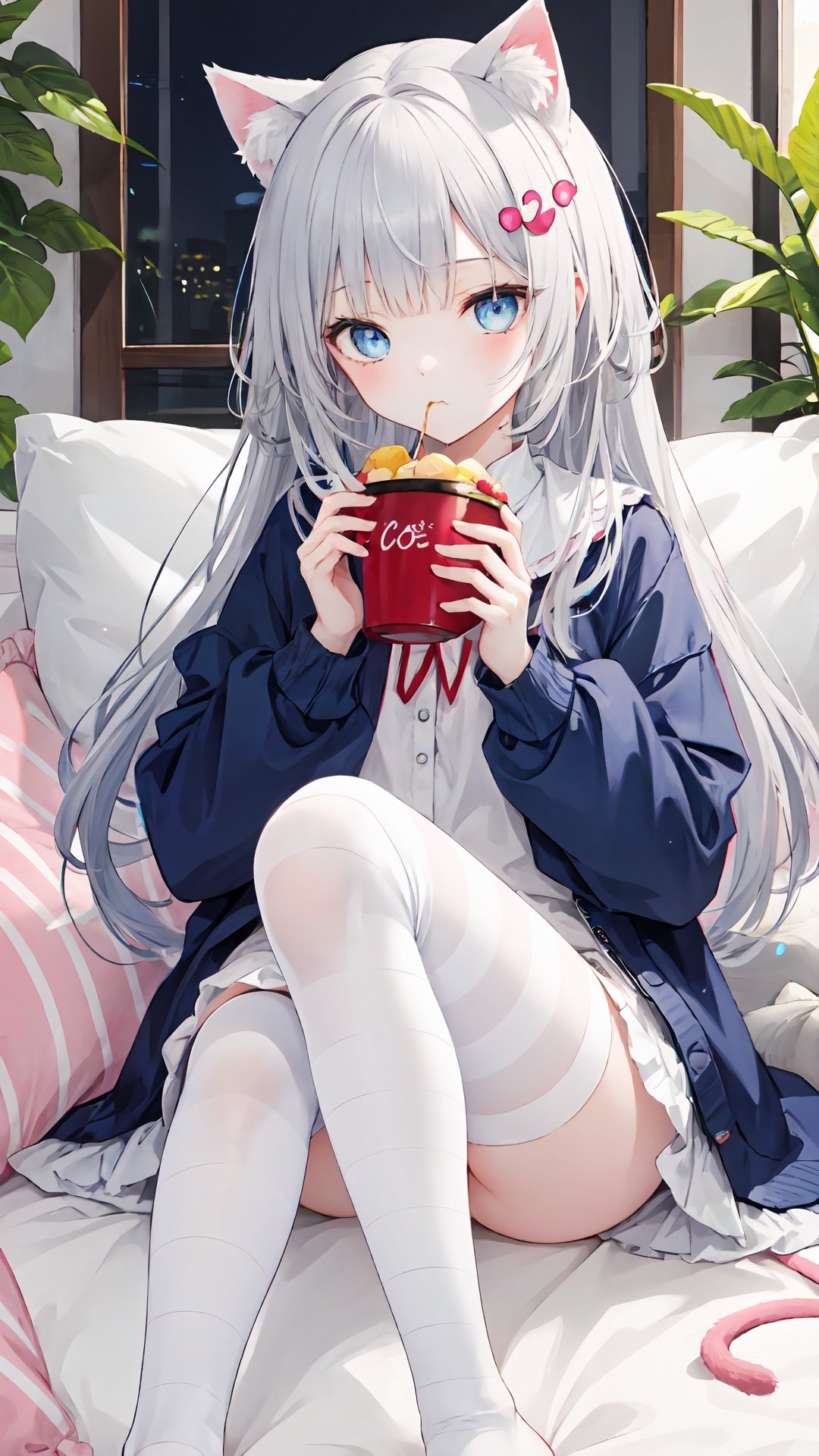 pillow, animal_ears, 1girl, hair_ornament, long_hair, cat_ears, food, striped, striped_legwear, solo, cat_girl, grey_hair, holding, sitting, long_sleeves, eating, blue_eyes