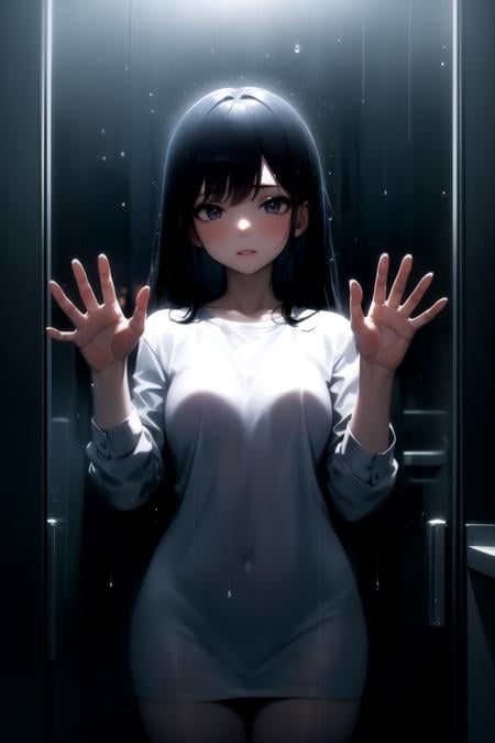 <lora:against_glass_v0.2:1>1girl, hands on glass, window fog, water drop, rain,, masterpiece, best quality, highly detailed