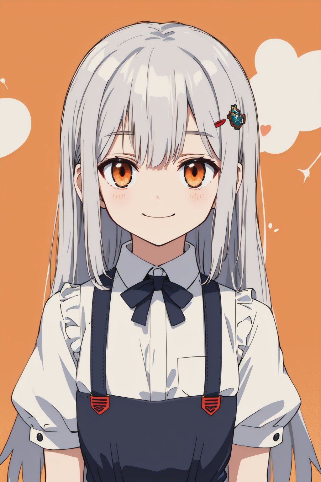 1 girl,solo,orange eyes,happy,silver hair, long hair, bangs, hair_ornament, puffy_sleeves, shirt, short_sleeves, suspenders