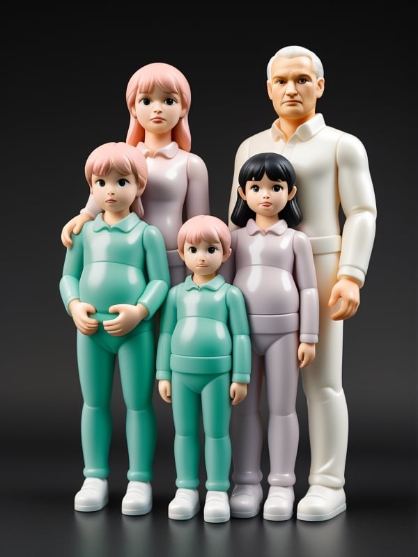 full-length plastic family toys by MEDICOM. looking at the camera, pastel colors, matte plastic, dark background, more detail <lora:toys:0.7>