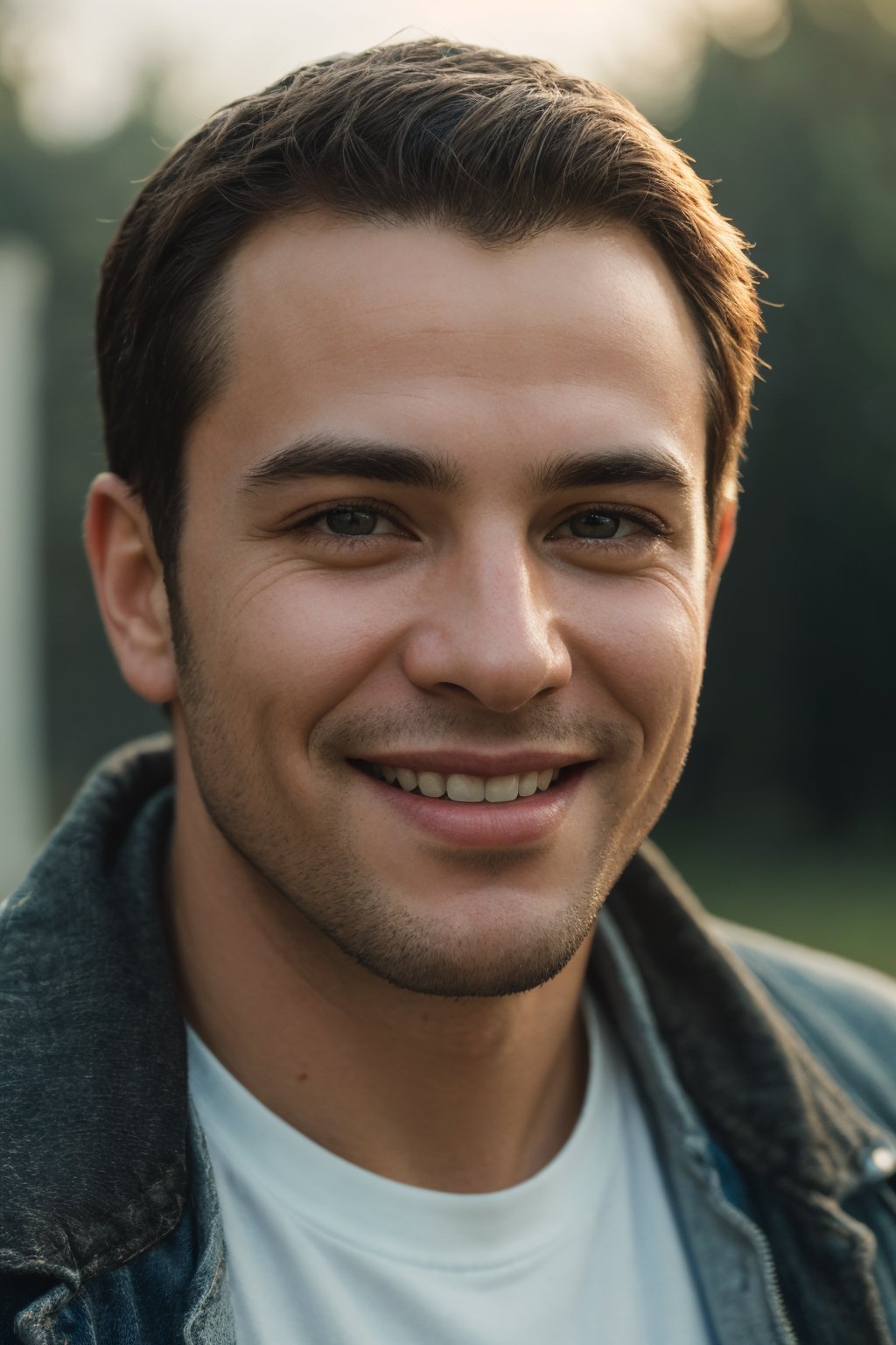 (best quality,8K,highres,masterpiece), ultra-detailed, (photo-realistic, lifelike) close-up portrait of a man with a warm and genuine smile. The outdoor setting adds natural beauty, and the cinematic lighting enhances the photo's (captivating, cinematic) quality, making it a true masterpiece.