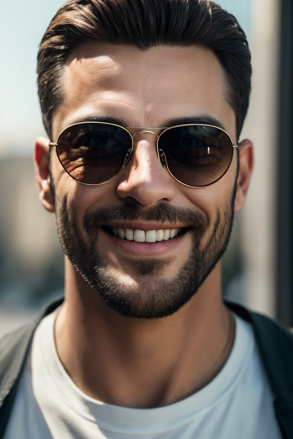 (best quality,8K,highres,masterpiece), ultra-detailed, (photo-realistic, lifelike) close-up portrait of a man with a warm smile, stylish sunglasses, and a relaxed outdoor ambiance. The cinematic lighting adds depth and character to this outdoor photo-realistic masterpiece.