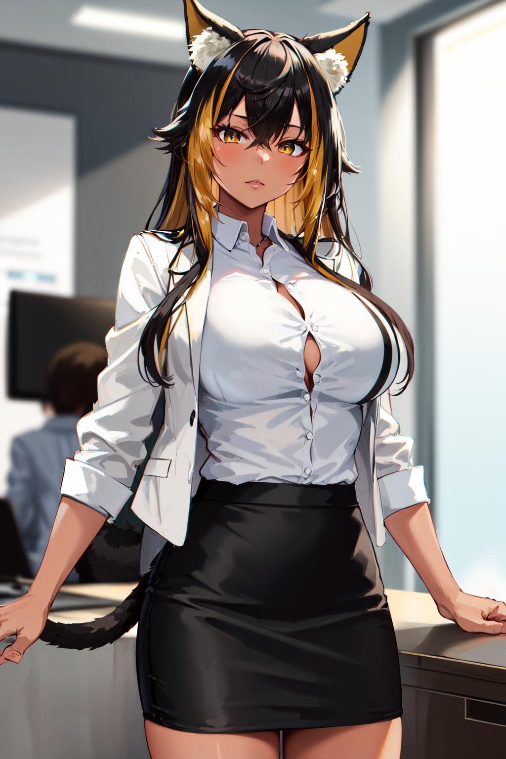 masterpiece, best quality, highres, hmnc1, animal ears, tail, dark skin, multicolored hair, black suit, pencil skirt, white shirt, black jacket, <lora:nekoyo_chloe_v1:0.7>, office, office lady, cowboy shot, standing