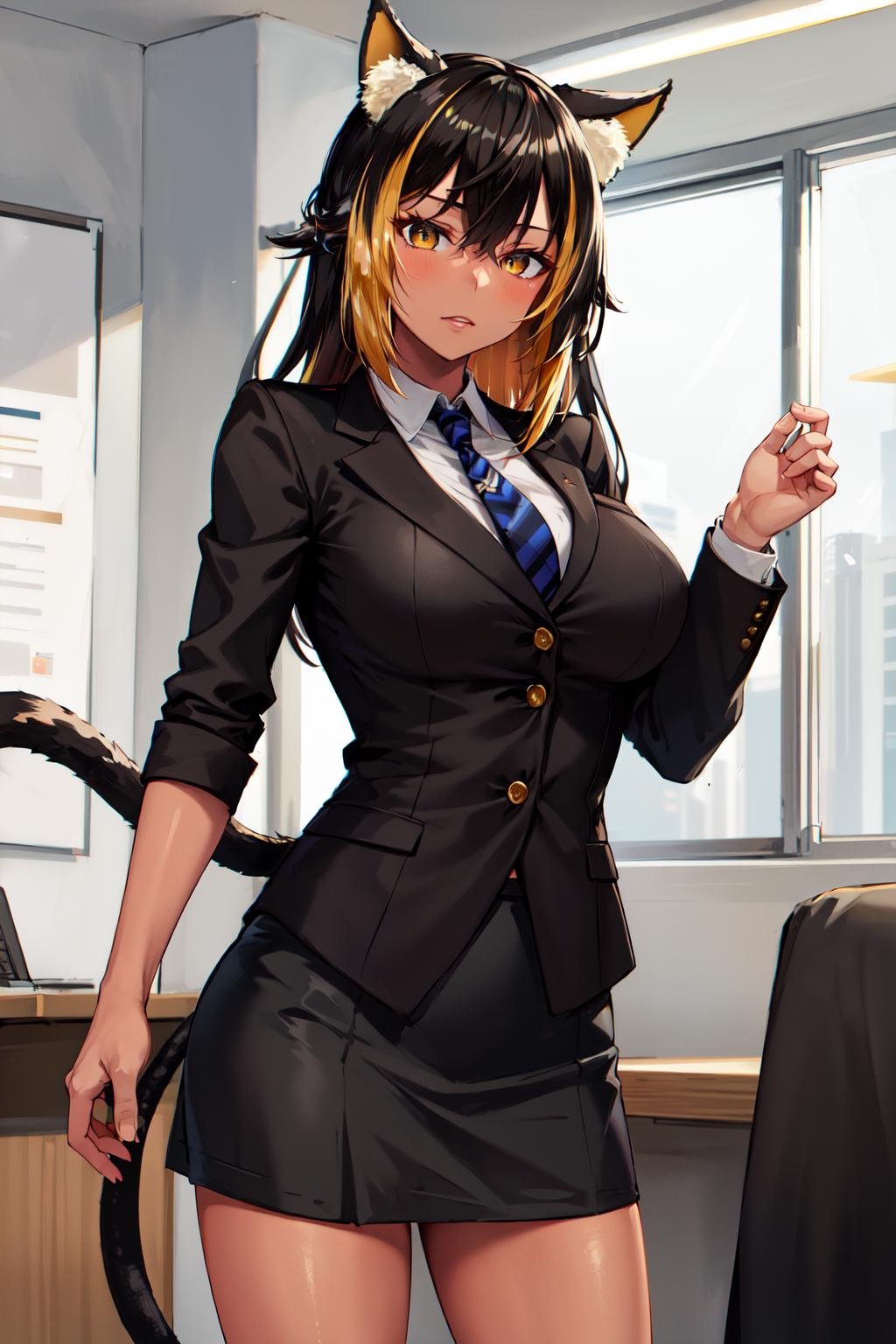 masterpiece, best quality, highres, hmnc1, animal ears, tail, dark skin, multicolored hair, black suit, skirt, shirt, black jacket, necktie, <lora:nekoyo_chloe_v1:0.7>, office, office lady, cowboy shot, standing