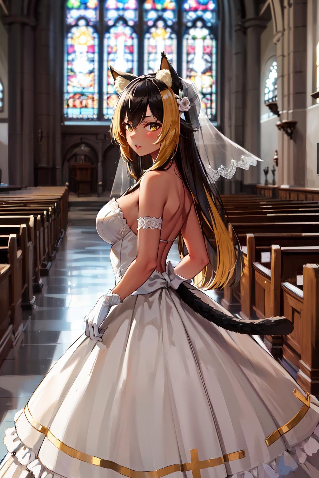 masterpiece, best quality, highres, hmnc1, animal ears, tail, dark skin, multicolored hair, wedding dress, bridal veil, white gloves, <lora:nekoyo_chloe_v1:0.7>, standing, cowboy shot, church