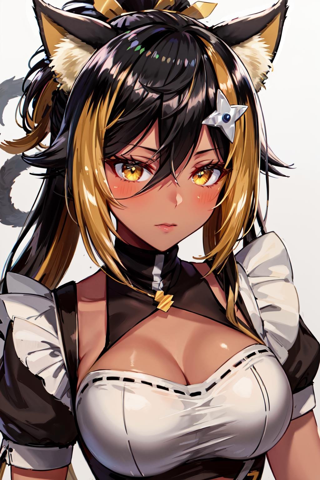 masterpiece, best quality, highres, hmnc1, animal ears, tail, dark skin, multicolored hair, hair ornament, ponytail, maid, maid headdress, maid apron, <lora:nekoyo_chloe_v1:0.7>, 